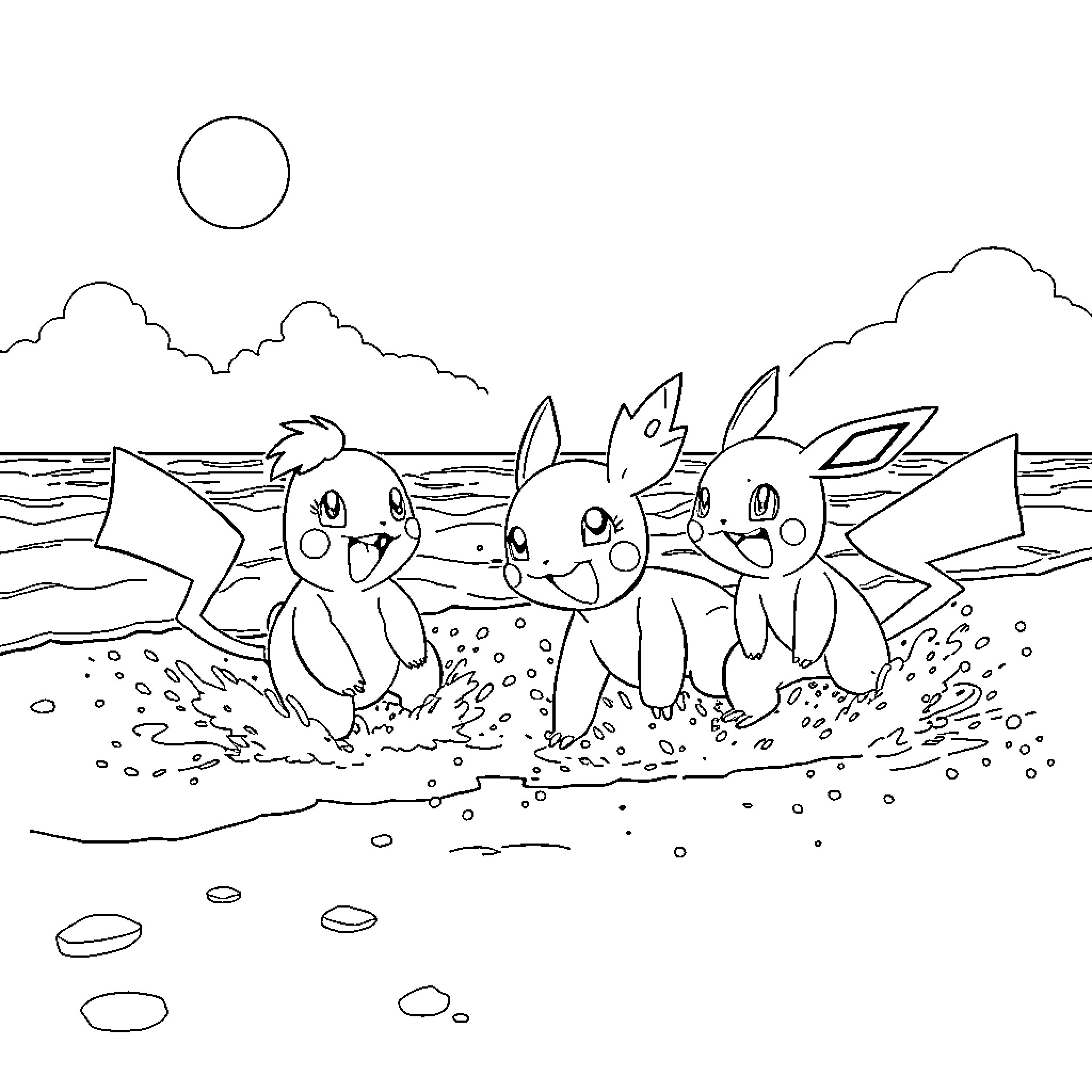 Pokémon playing happily on the beach Coloring Page (free black-and-white line drawing printable PDF for all, from beginners to advanced learners, including children, teens, adults, and seniors)
