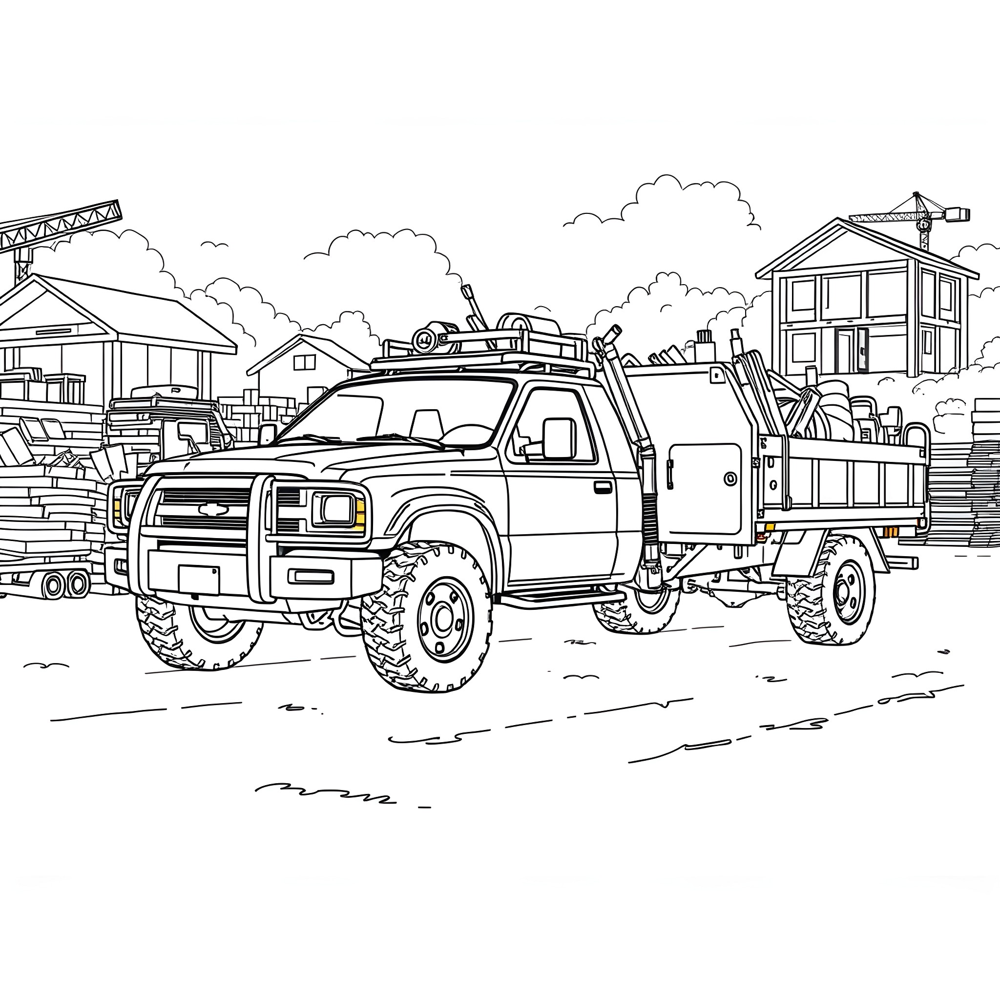 Truck Transporting Supplies in Neighborhood Coloring Page (free black-and-white line drawing printable PDF for all, from beginners to advanced learners, including children, teens, adults, and seniors)