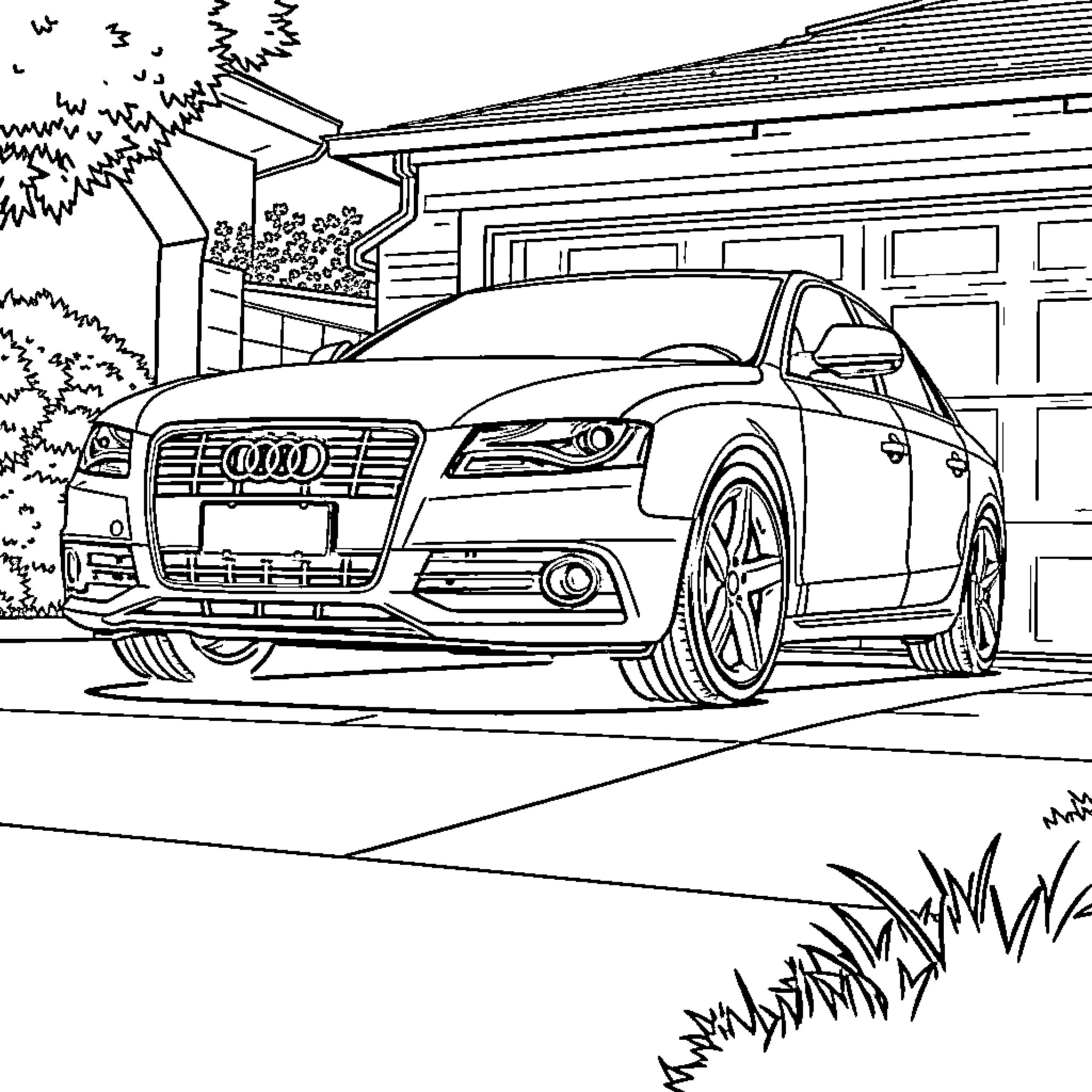 Audi luxury sedan parked in front of house Coloring Page (free black-and-white line drawing printable PDF for all, from beginners to advanced learners, including children, teens, adults, and seniors)