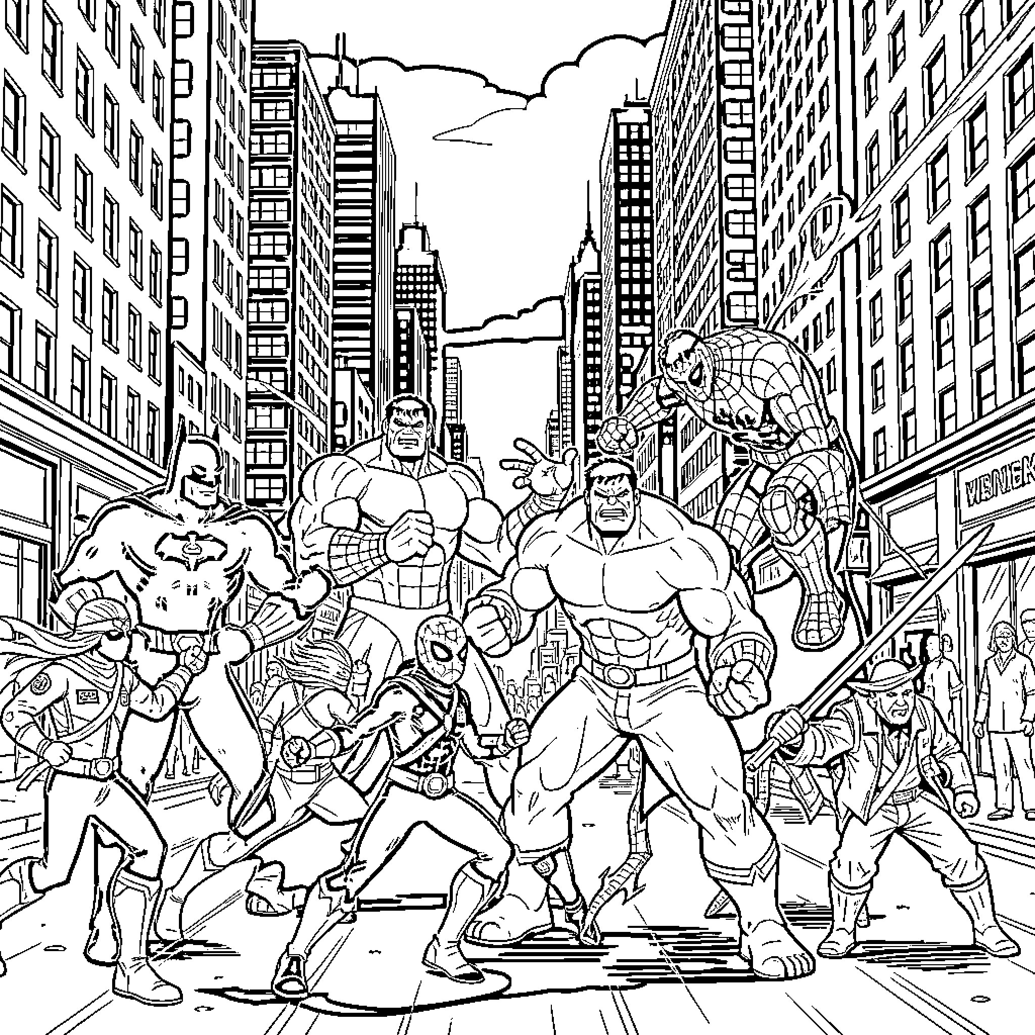 Superhero team posing heroically in a busy city street Coloring Page (free black-and-white line drawing printable PDF for all, from beginners to advanced learners, including children, teens, adults, and seniors)