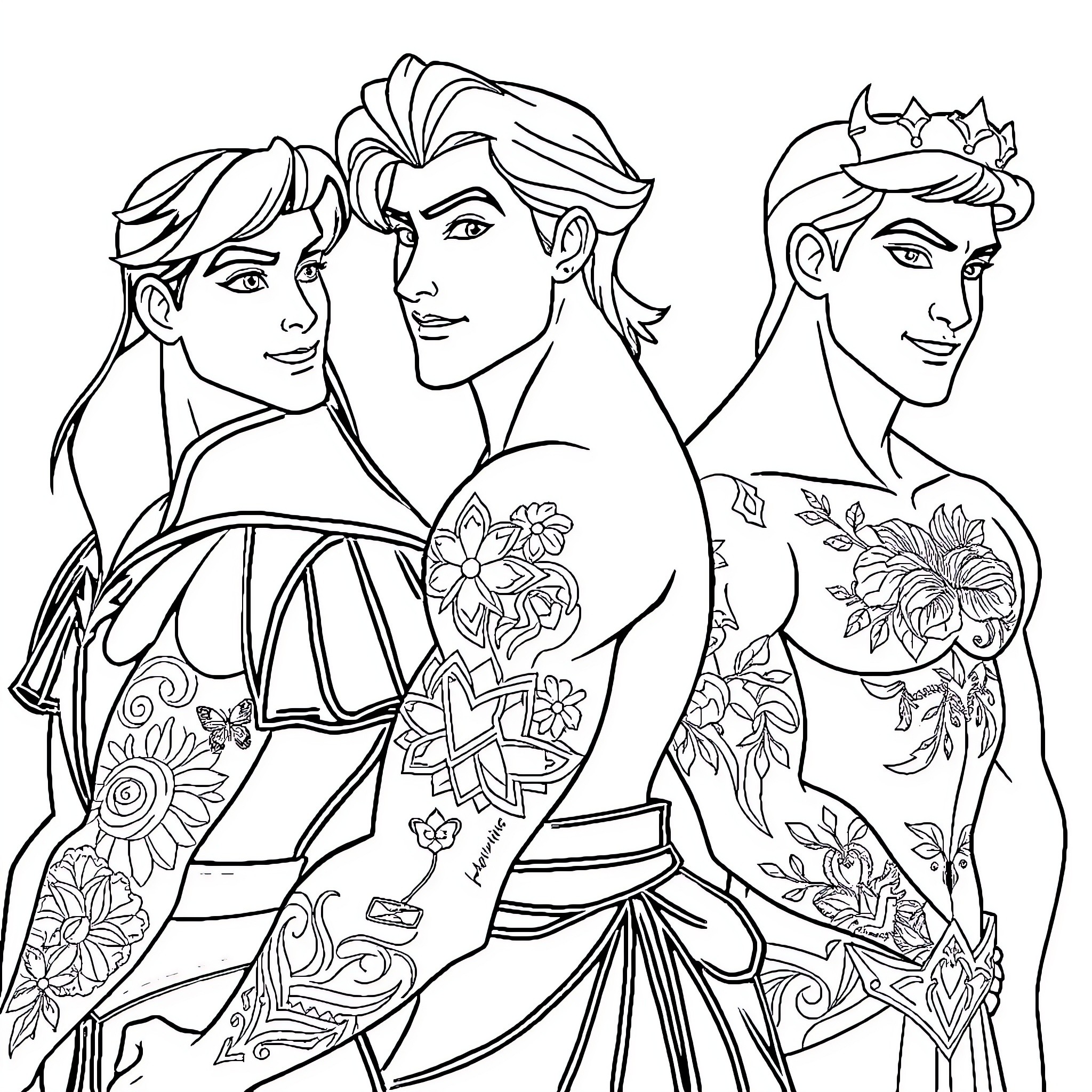 Disney Princes in Formal Attire and Floral Designs Coloring Page (free black-and-white line drawing printable PDF for all, from beginners to advanced learners, including children, teens, adults, and seniors)