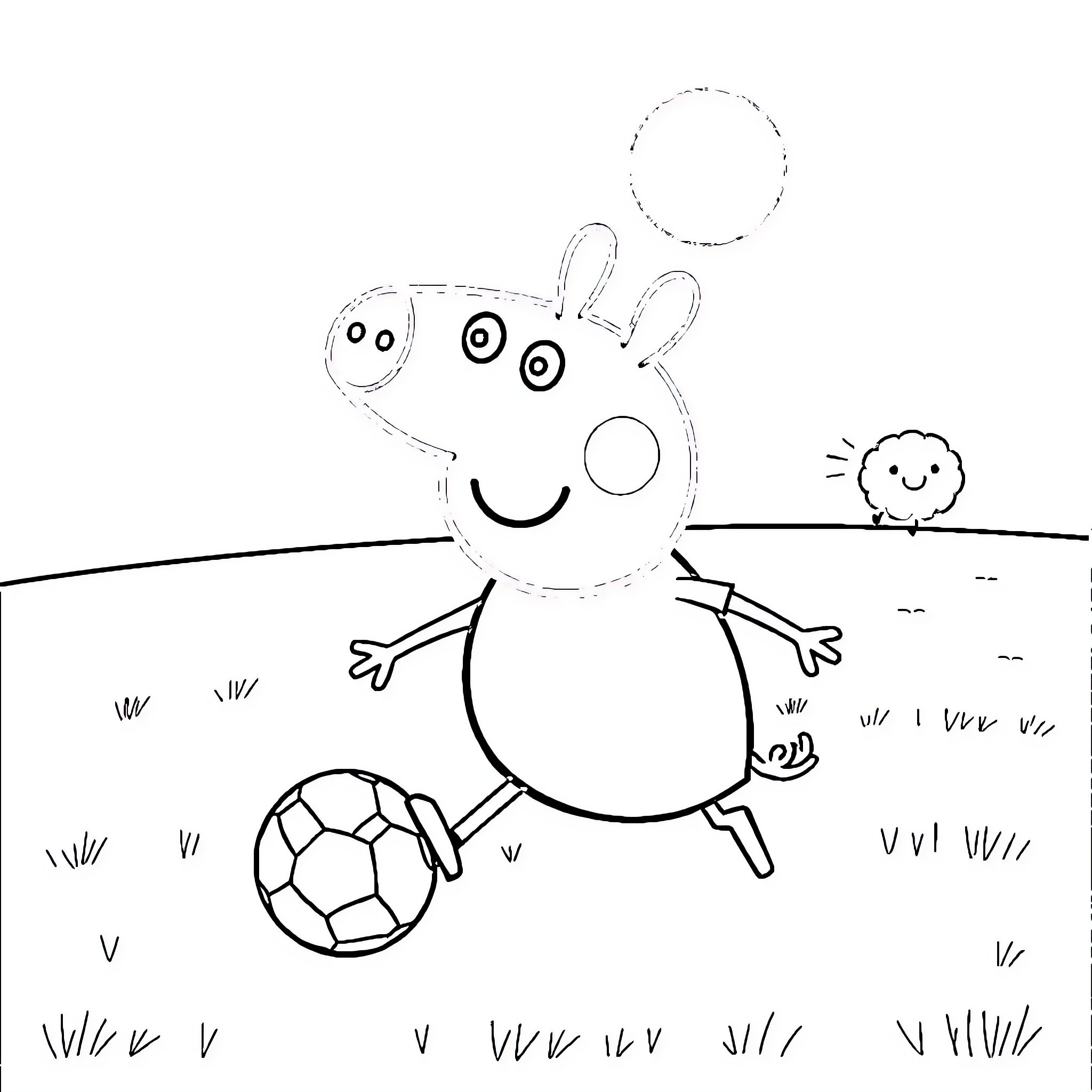 Peppa Pig playing with soccer ball in field Coloring Page (free black-and-white line drawing printable PDF for all, from beginners to advanced learners, including children, teens, adults, and seniors)