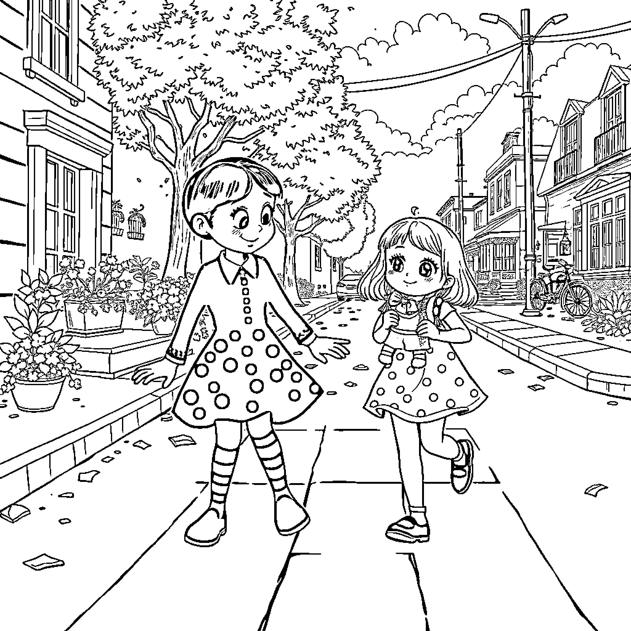 Wednesday Adams and friend explore whimsical town Coloring Page (free black-and-white line drawing printable PDF for all, from beginners to advanced learners, including children, teens, adults, and seniors)
