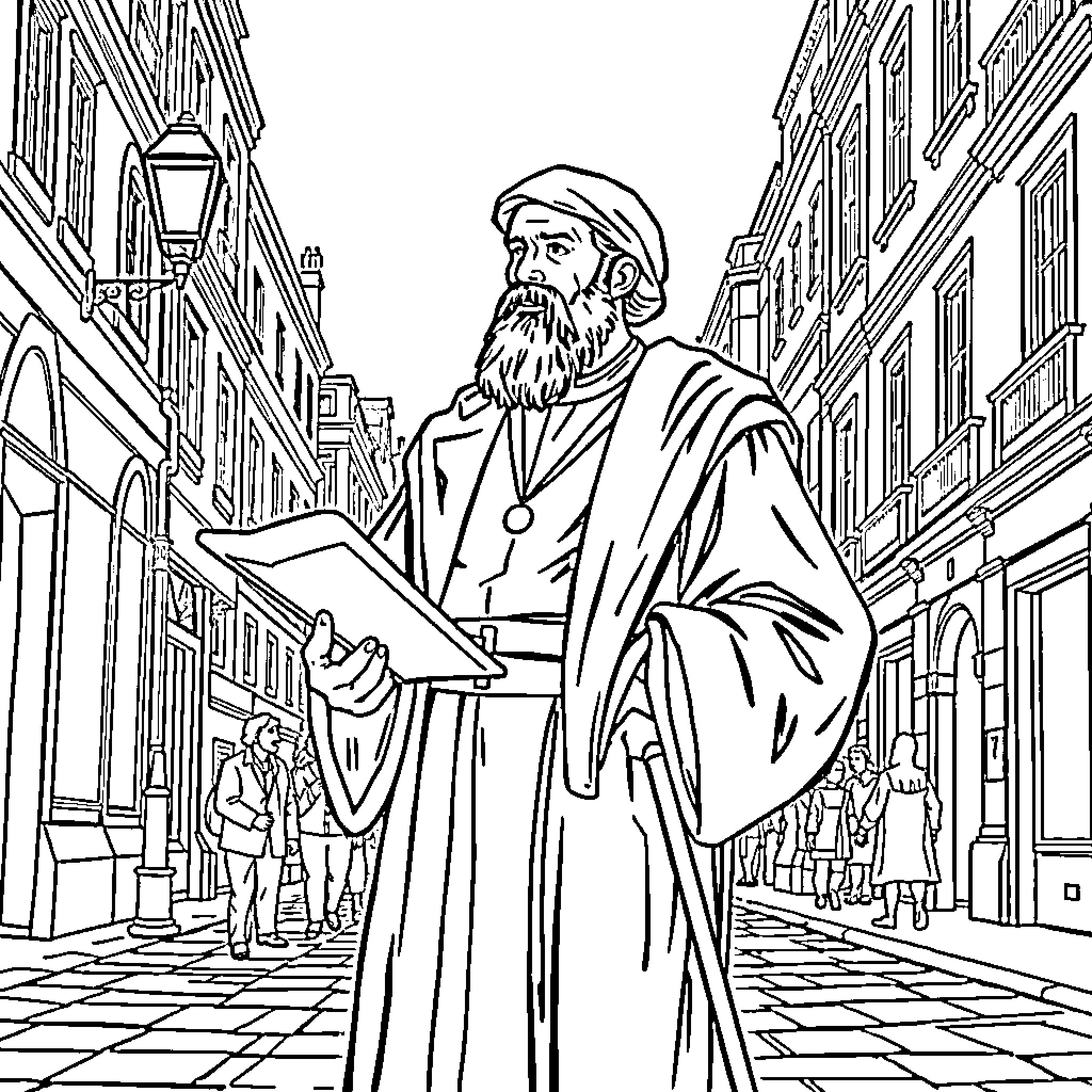 John Calvin preaching in the city streets Coloring Page (free black-and-white line drawing printable PDF for all, from beginners to advanced learners, including children, teens, adults, and seniors)