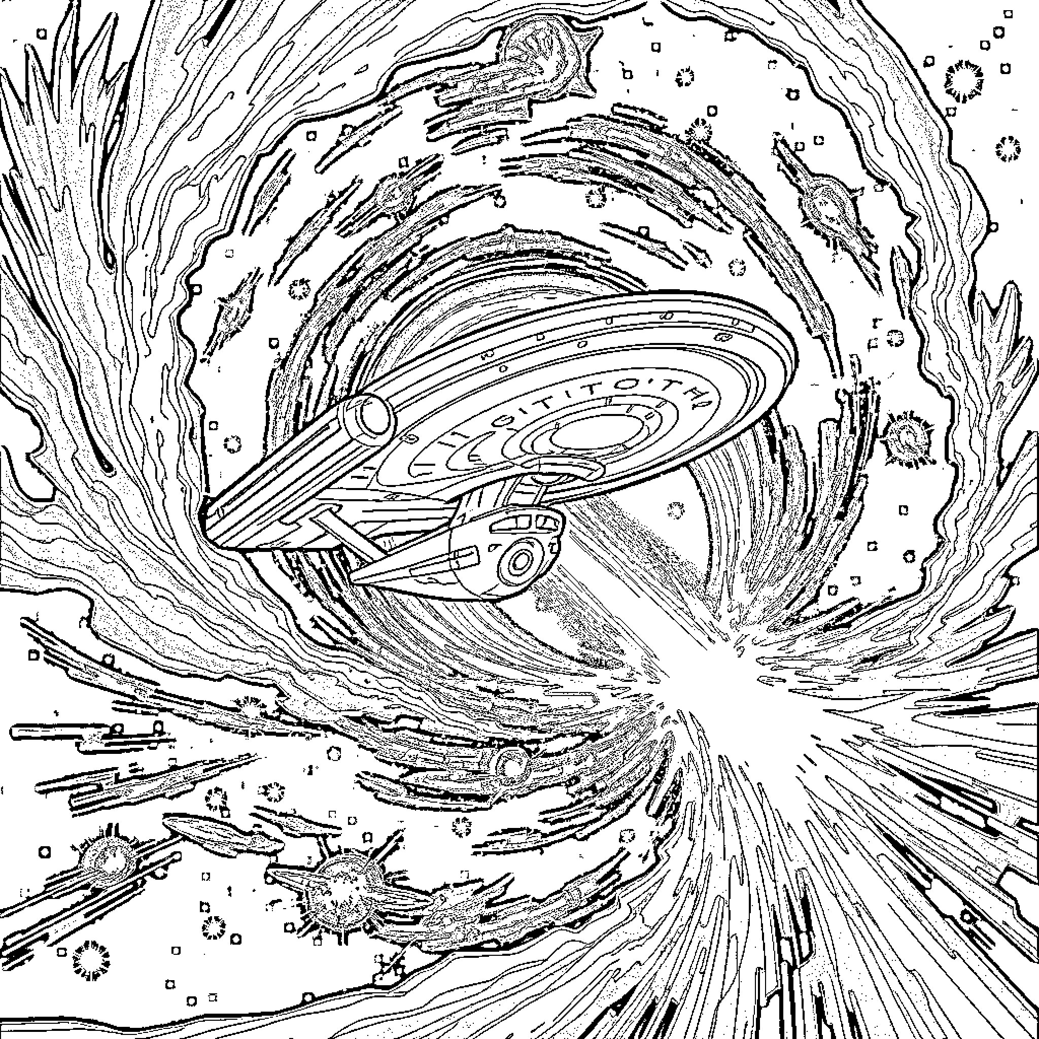 Starship navigating through cosmic storm Coloring Page (free black-and-white line drawing printable PDF for all, from beginners to advanced learners, including children, teens, adults, and seniors)