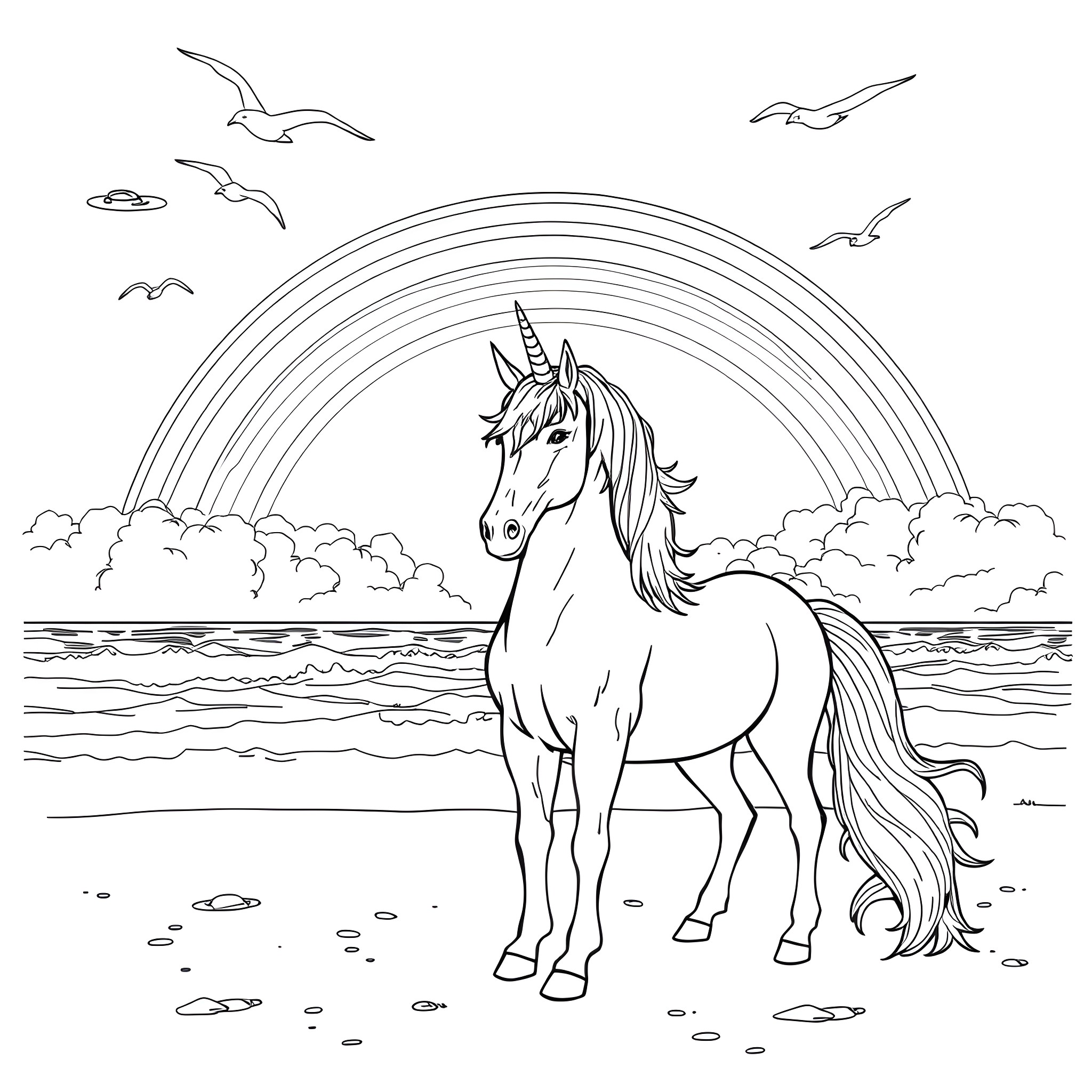 Unicorn standing near a rainbow by the beach Coloring Page (free black-and-white line drawing printable PDF for all, from beginners to advanced learners, including children, teens, adults, and seniors)