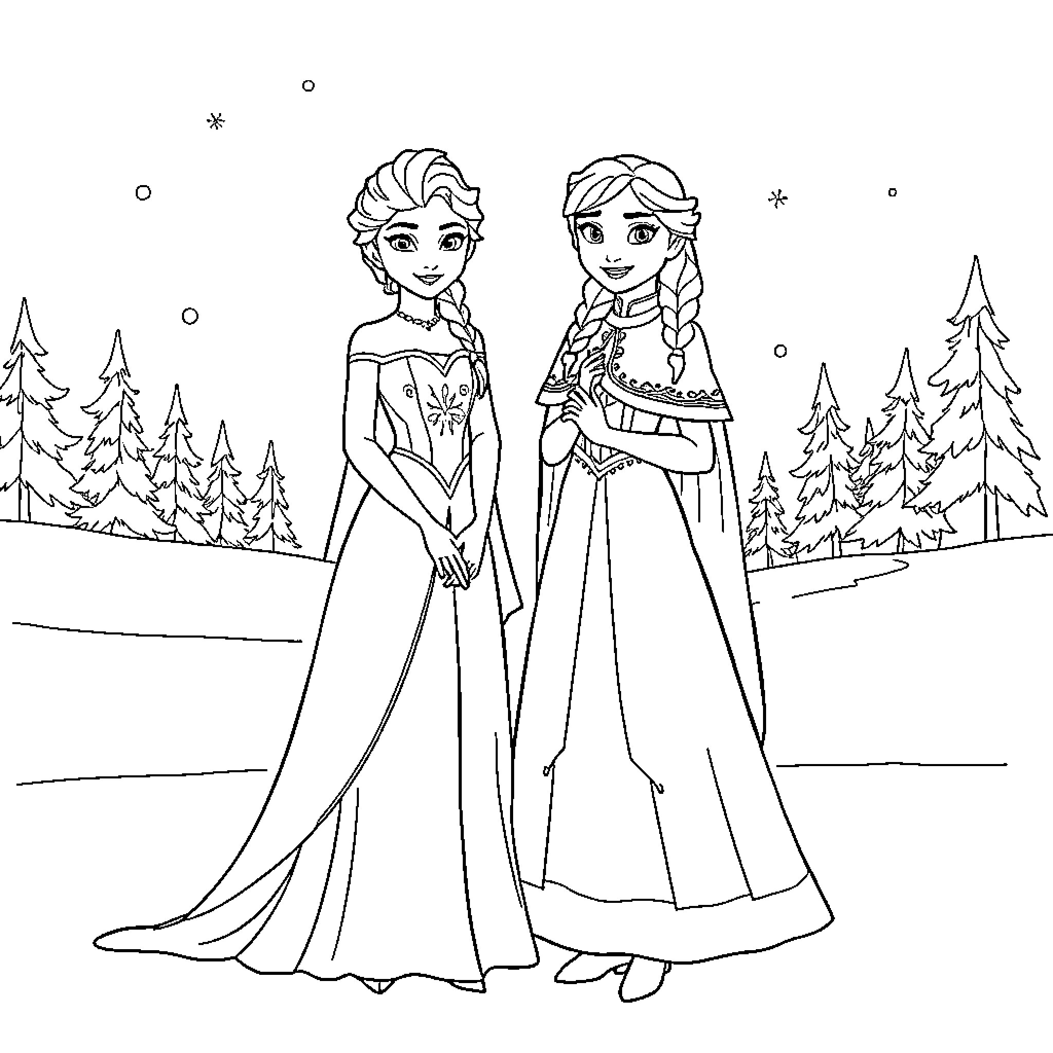 Elsa and Anna enjoying a winter wonderland Coloring Page (free black-and-white line drawing printable PDF for all, from beginners to advanced learners, including children, teens, adults, and seniors)