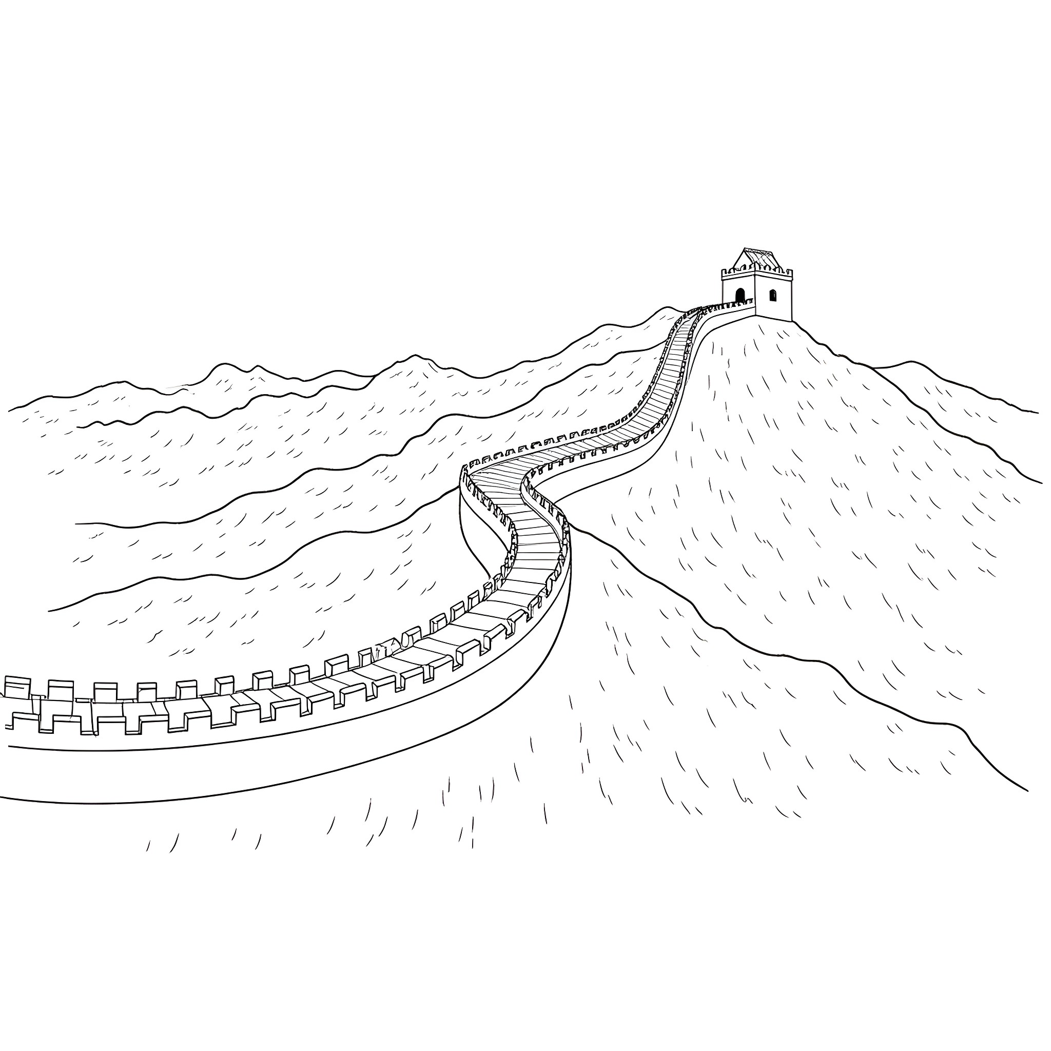 Great Wall traversing rugged mountainous terrain Coloring Page (free black-and-white line drawing printable PDF for all, from beginners to advanced learners, including children, teens, adults, and seniors)