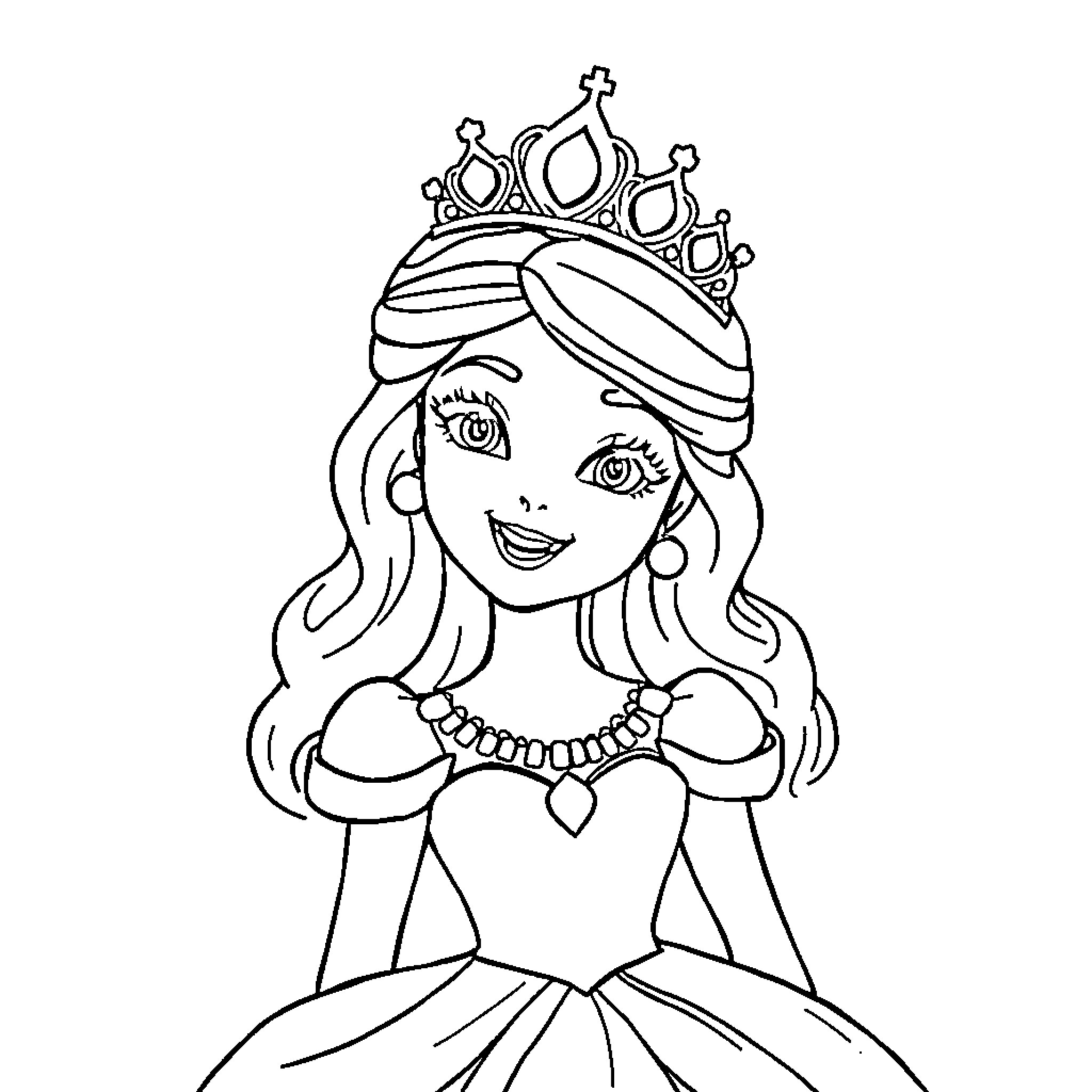 Princess in elegant gown and crown Coloring Page (free black-and-white line drawing printable PDF for all, from beginners to advanced learners, including children, teens, adults, and seniors)