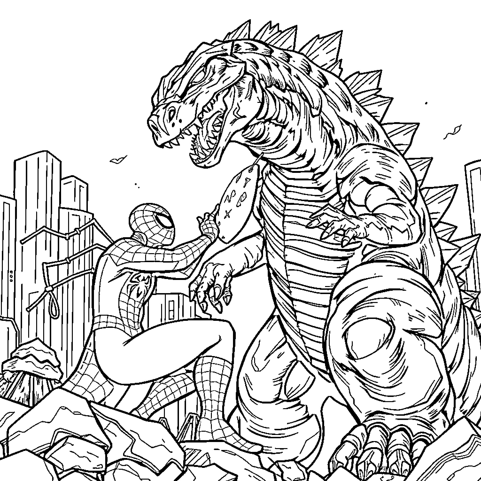 Spiderman battles a giant mutant creature in the city Coloring Page (free black-and-white line drawing printable PDF for all, from beginners to advanced learners, including children, teens, adults, and seniors)