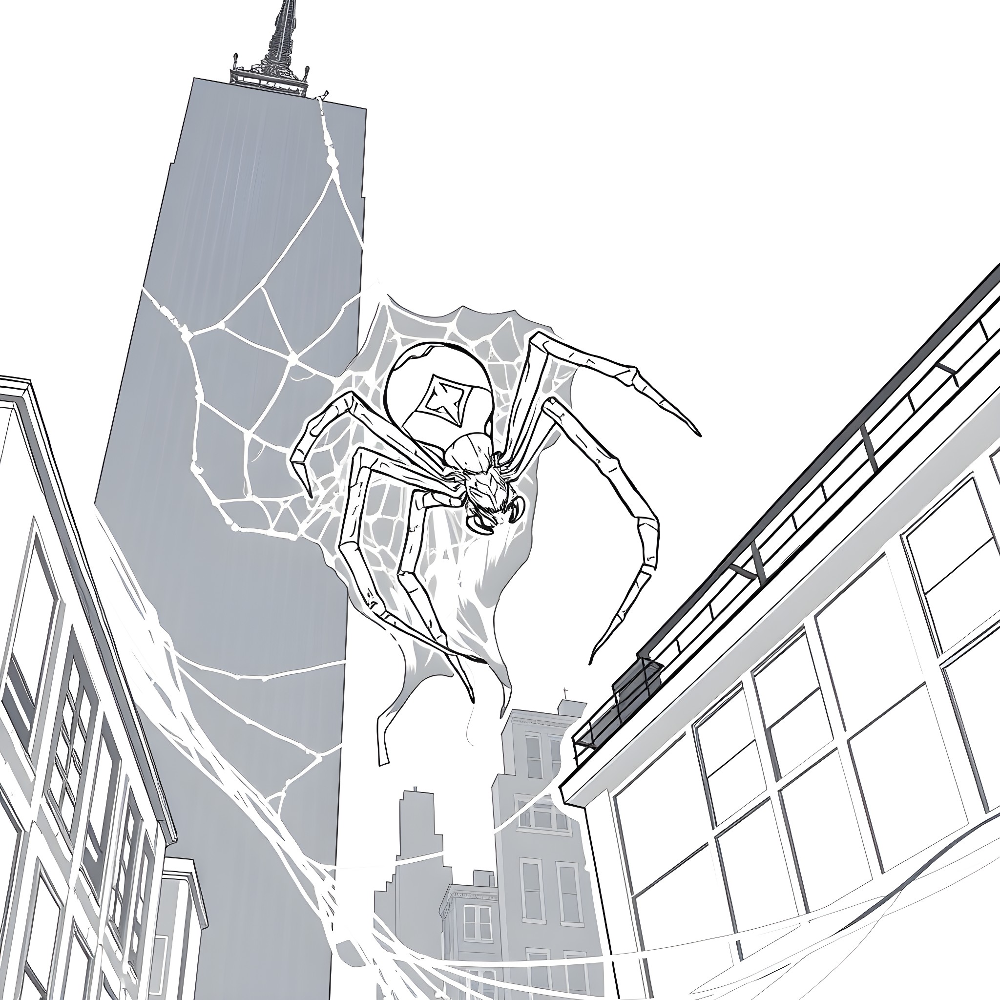 Spider-Man swinging through the city skyline Coloring Page (free black-and-white line drawing printable PDF for all, from beginners to advanced learners, including children, teens, adults, and seniors)