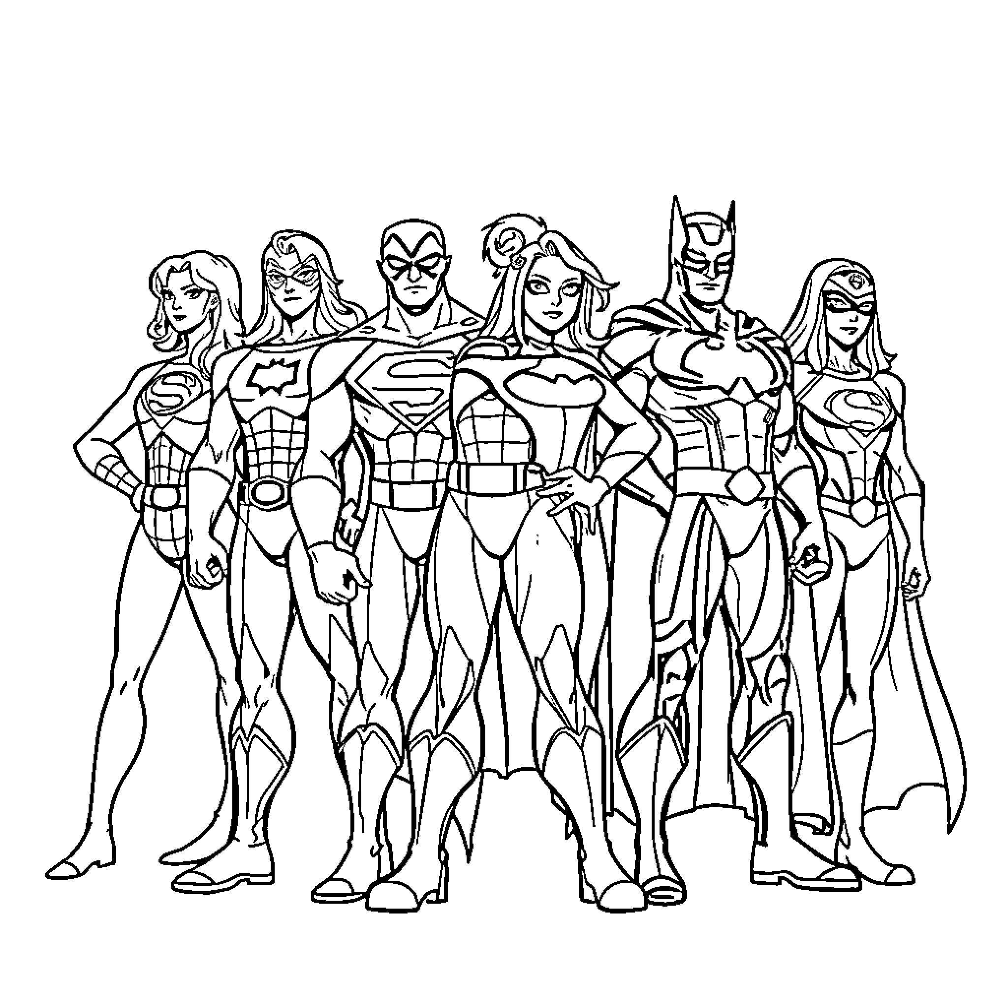 Superhero team standing together in heroic poses Coloring Page (free black-and-white line drawing printable PDF for all, from beginners to advanced learners, including children, teens, adults, and seniors)