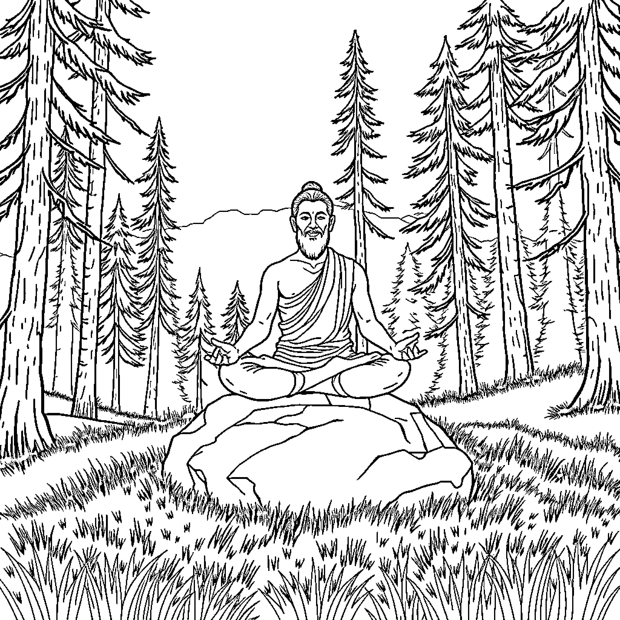 Yogi meditating peacefully in serene forest Coloring Page (free black-and-white line drawing printable PDF for all, from beginners to advanced learners, including children, teens, adults, and seniors)