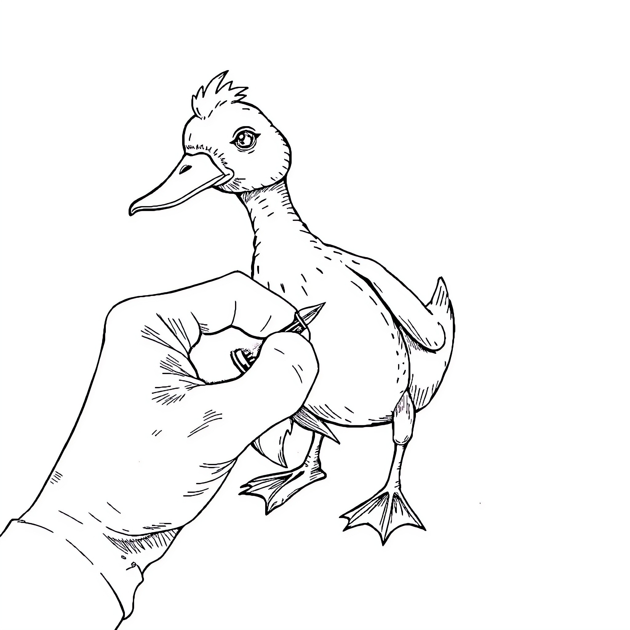 Duck-Banana Holding Hands with Human Coloring Page (free black-and-white line drawing printable PDF for all, from beginners to advanced learners, including children, teens, adults, and seniors)