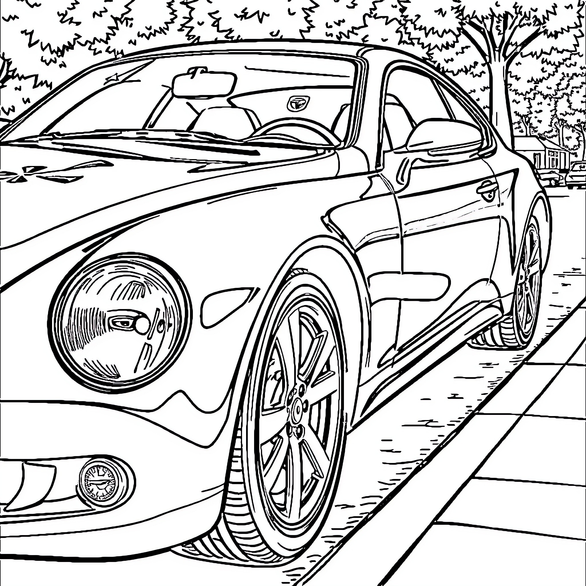 Car driving on a road near trees Coloring Page (free black-and-white line drawing printable PDF for all, from beginners to advanced learners, including children, teens, adults, and seniors)