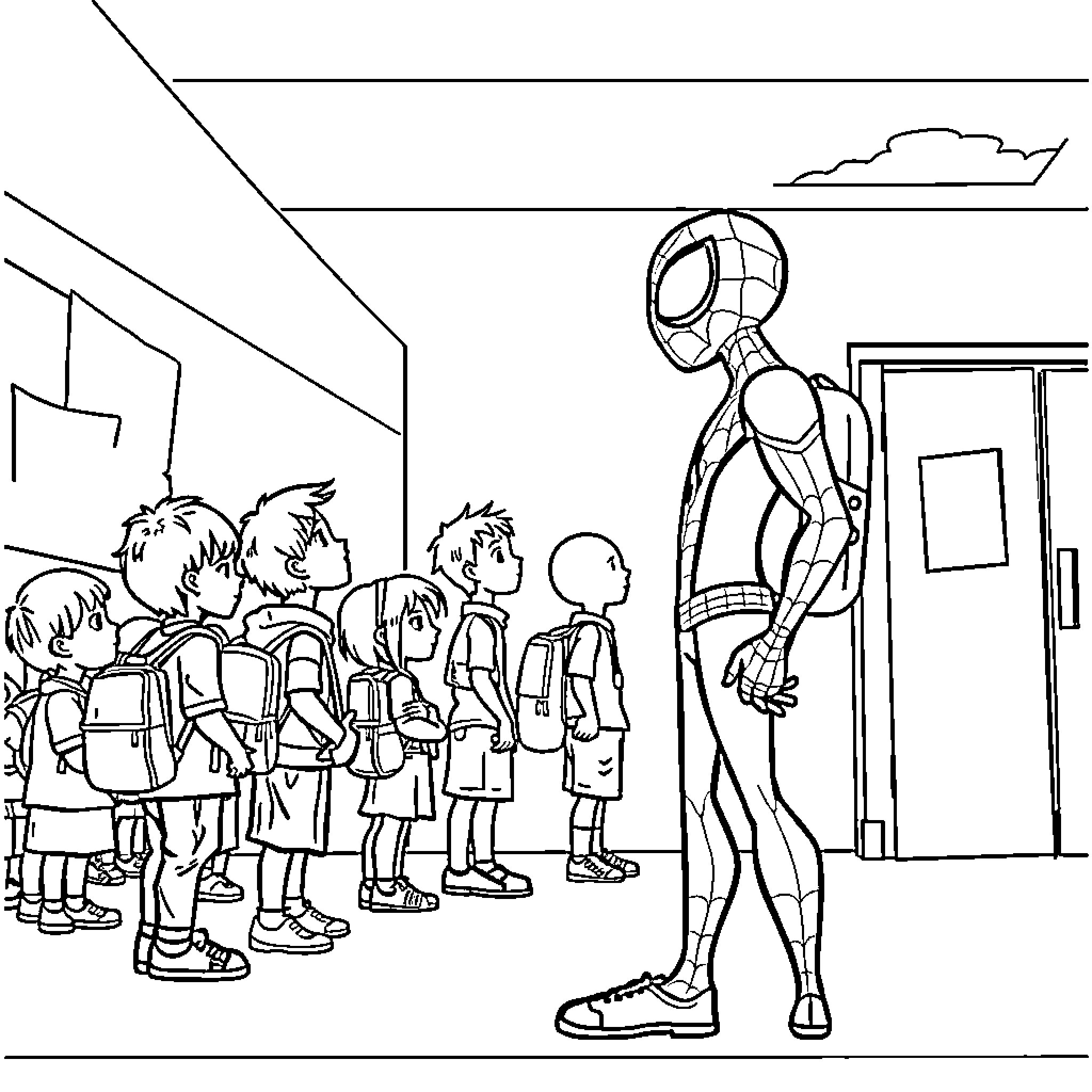 Spidey visits a group of students Coloring Page (free black-and-white line drawing printable PDF for all, from beginners to advanced learners, including children, teens, adults, and seniors)