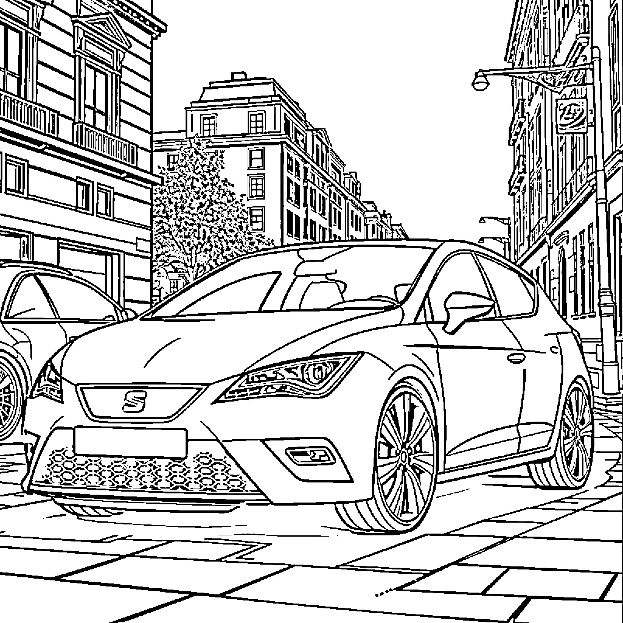 Seat Leon driving through urban street Coloring Page (free black-and-white line drawing printable PDF for all, from beginners to advanced learners, including children, teens, adults, and seniors)