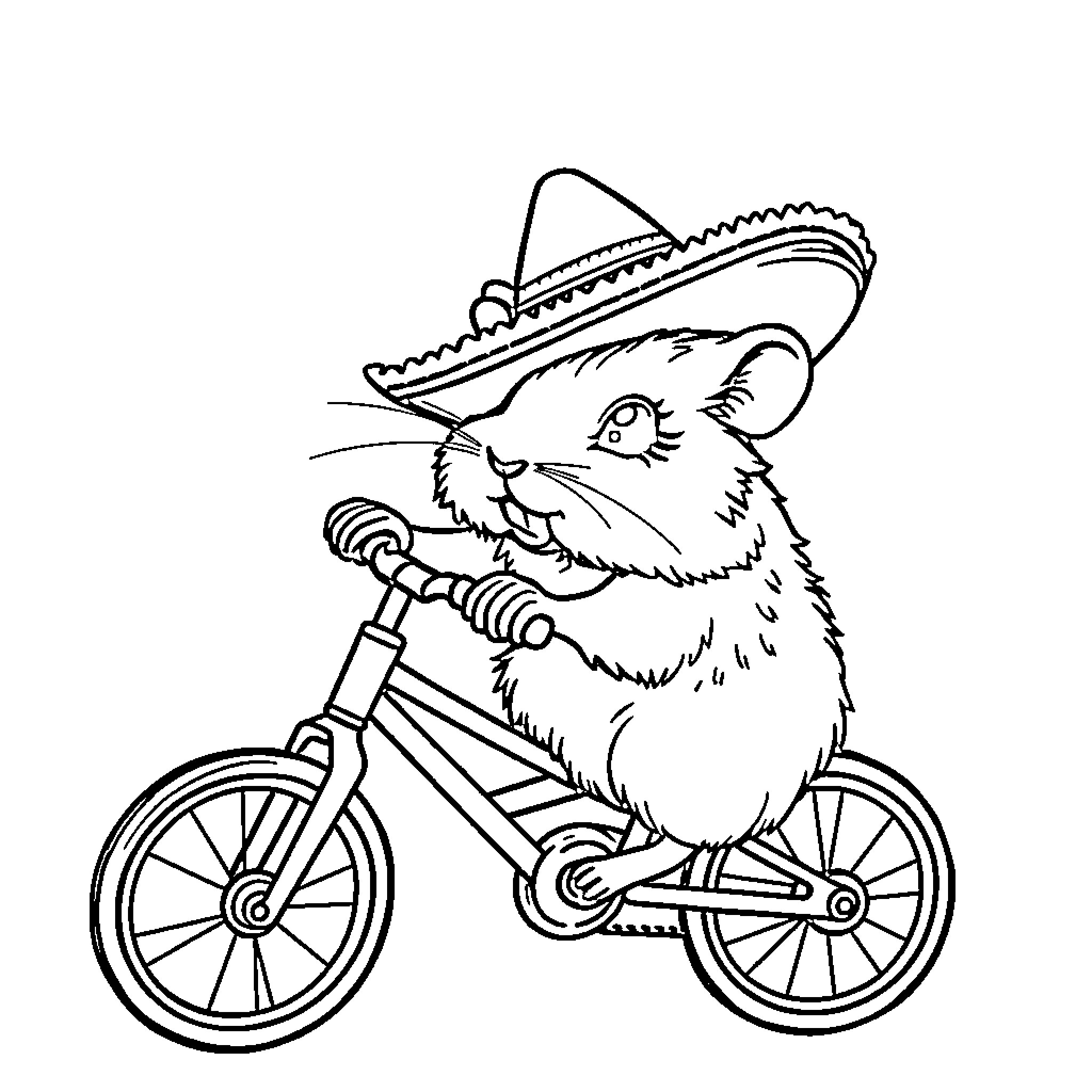 Gerbil riding a bicycle with a sombrero Coloring Page (free black-and-white line drawing printable PDF for all, from beginners to advanced learners, including children, teens, adults, and seniors)