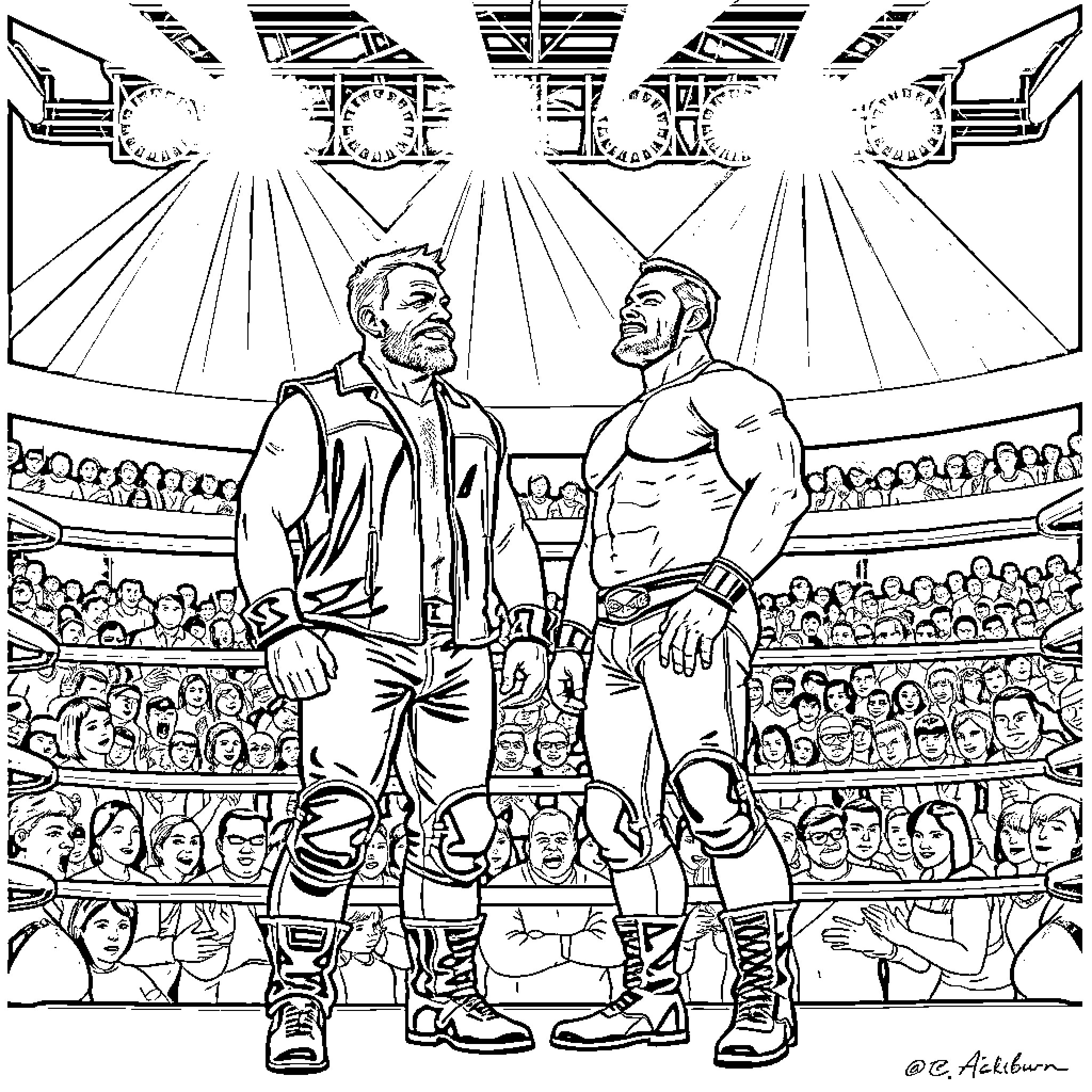Wrestler showdown in a packed arena Coloring Page (free black-and-white line drawing printable PDF for all, from beginners to advanced learners, including children, teens, adults, and seniors)