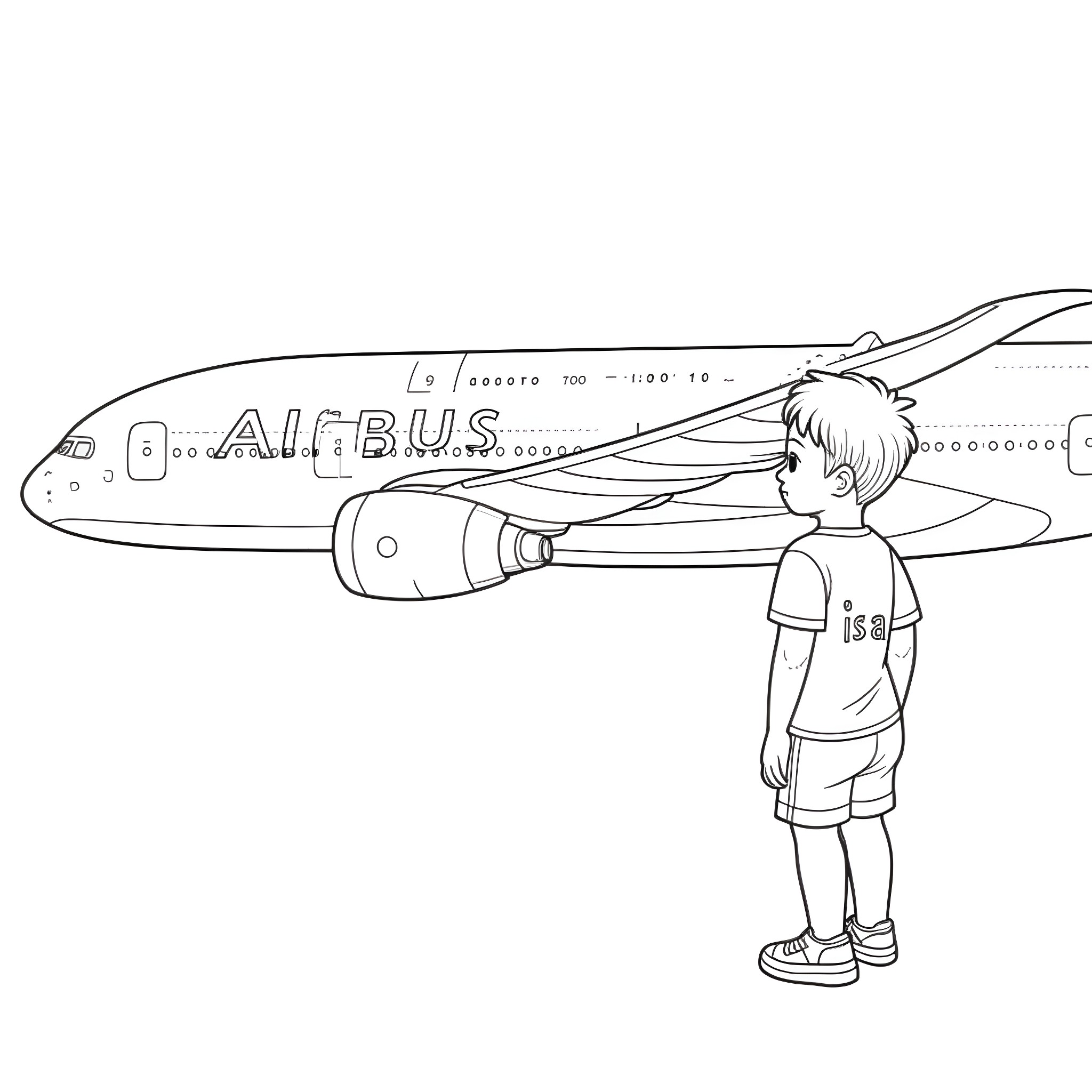 Boy looking at the Airbus airplane in the airport Coloring Page (free black-and-white line drawing printable PDF for all, from beginners to advanced learners, including children, teens, adults, and seniors)