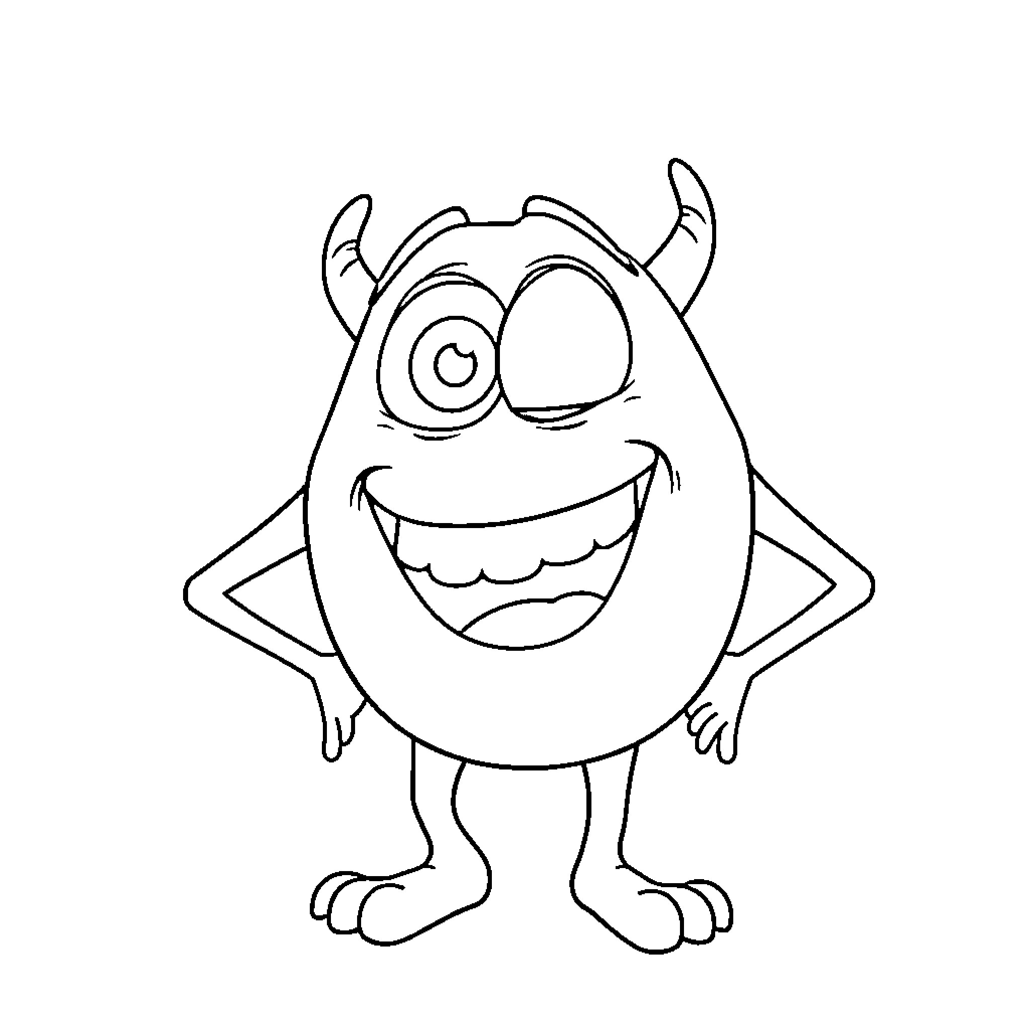 Mike Wazowski's Silly Grin and Mischievous Pose Coloring Page (free black-and-white line drawing printable PDF for all, from beginners to advanced learners, including children, teens, adults, and seniors)
