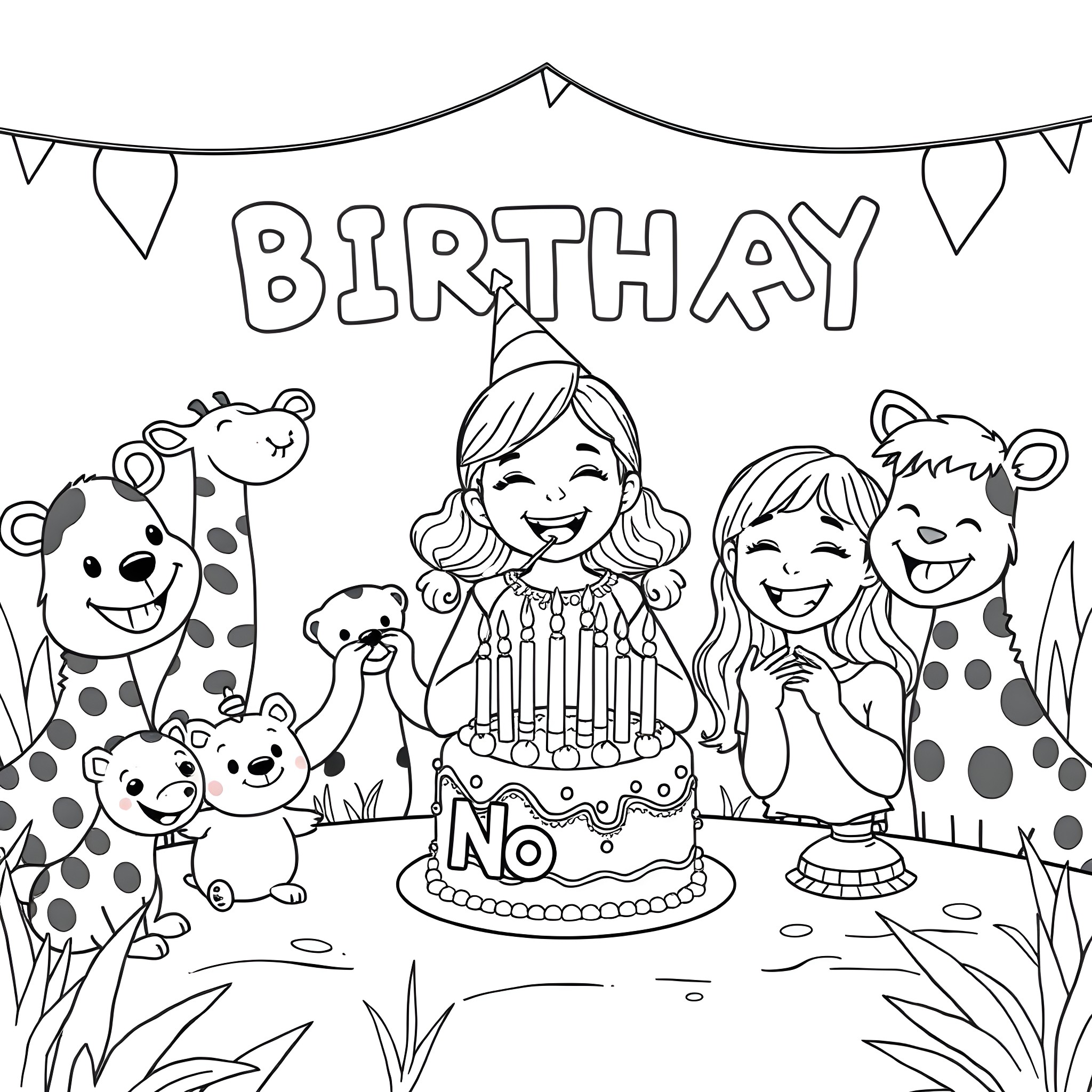 Zoo Birthday Party with Cake and Animals Coloring Page (free black-and-white line drawing printable PDF for all, from beginners to advanced learners, including children, teens, adults, and seniors)