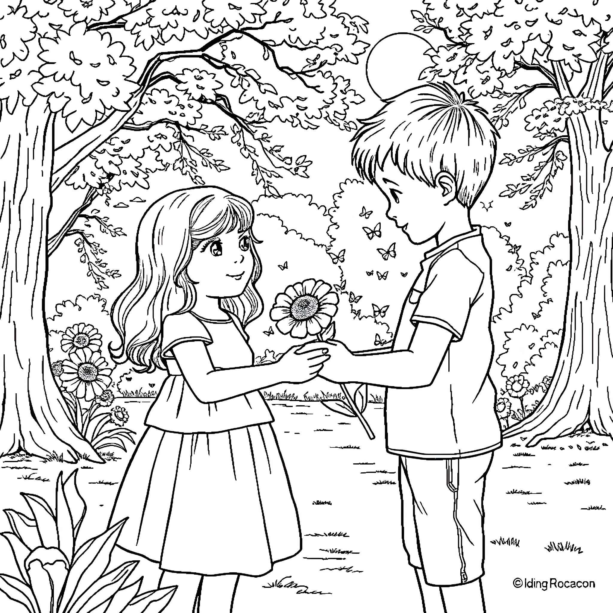 Boy and girl share flowers in outdoor forest setting Coloring Page (free black-and-white line drawing printable PDF for all, from beginners to advanced learners, including children, teens, adults, and seniors)