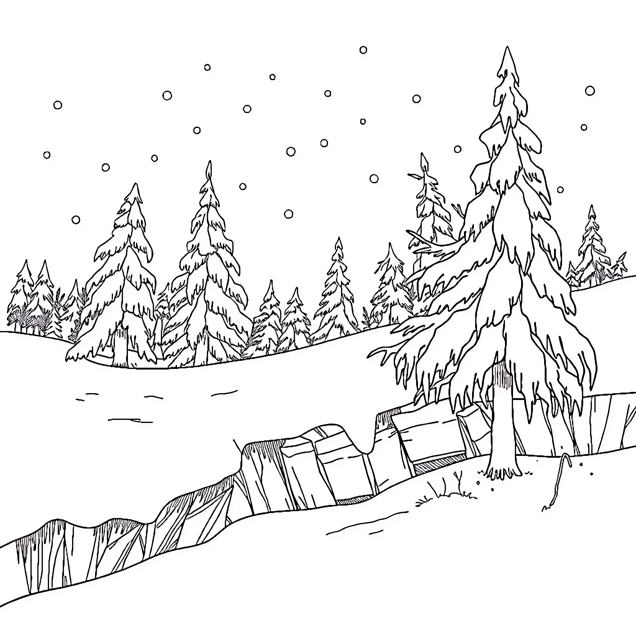 Frozen winter landscape with snowy trees and tents Coloring Page (free black-and-white line drawing printable PDF for all, from beginners to advanced learners, including children, teens, adults, and seniors)