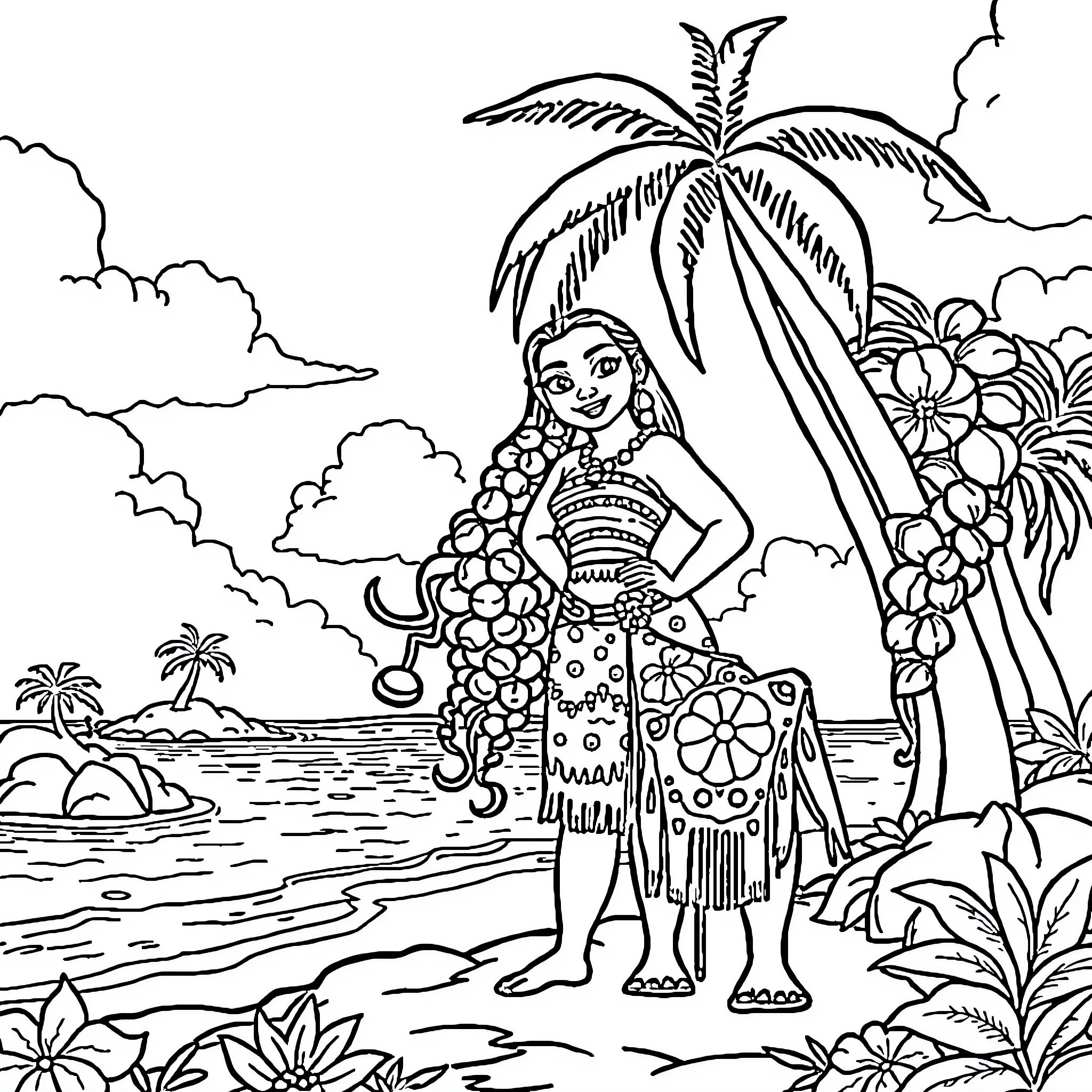 Moana exploring a tropical paradise Coloring Page (free black-and-white line drawing printable PDF for all, from beginners to advanced learners, including children, teens, adults, and seniors)