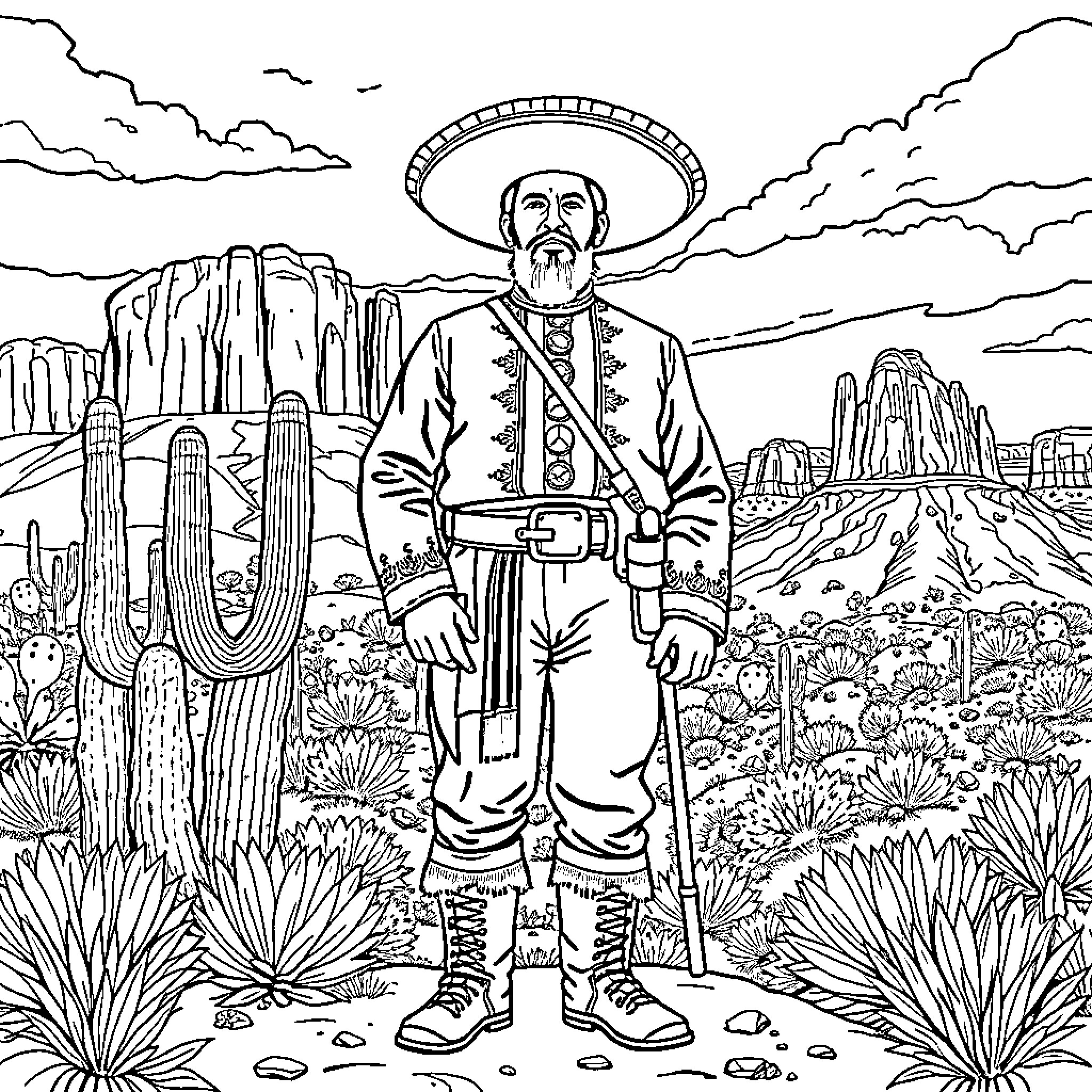 Emiliano Zapata standing resolute in the desert landscape Coloring Page (free black-and-white line drawing printable PDF for all, from beginners to advanced learners, including children, teens, adults, and seniors)