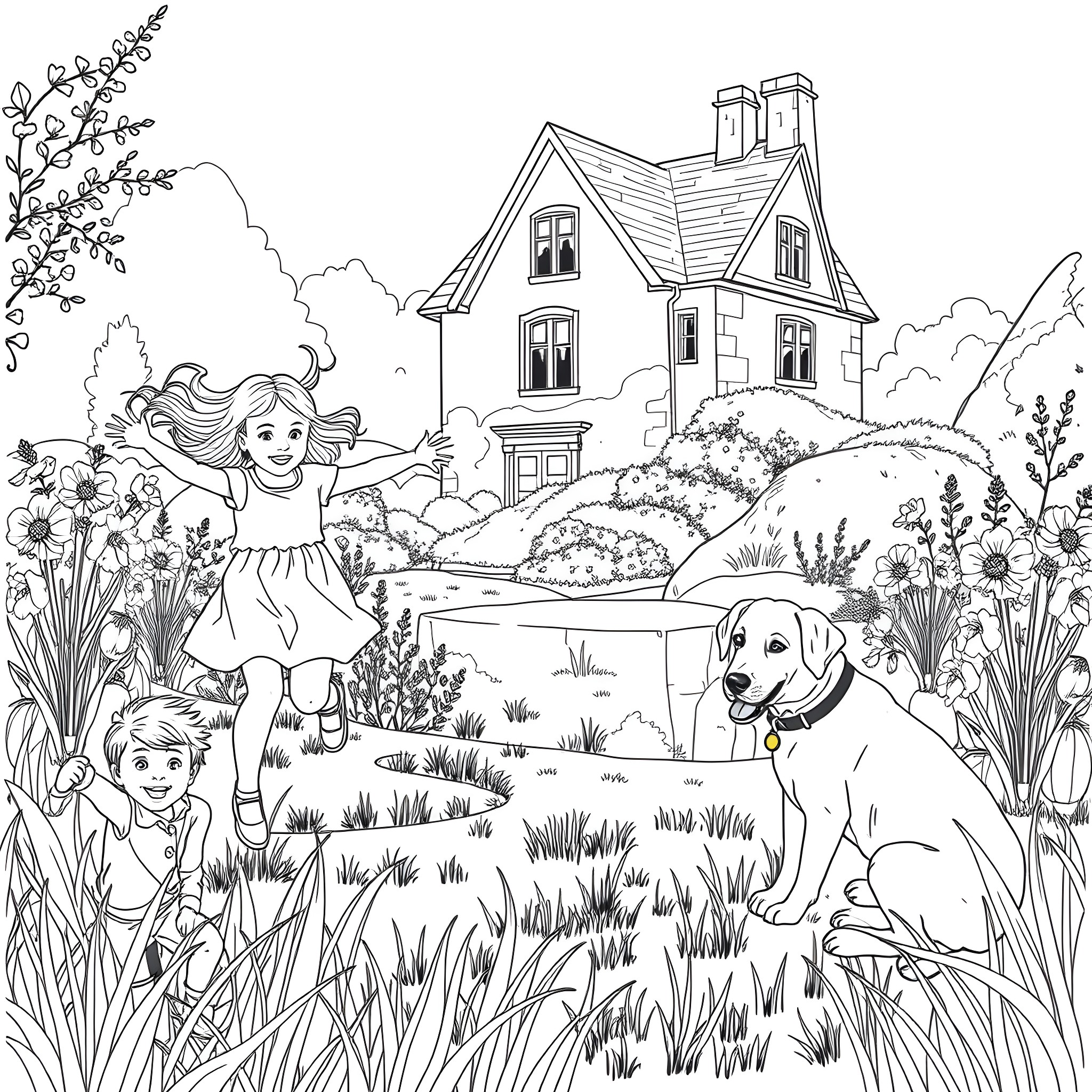 Girl playing happily with dog in the garden Coloring Page (free black-and-white line drawing printable PDF for all, from beginners to advanced learners, including children, teens, adults, and seniors)