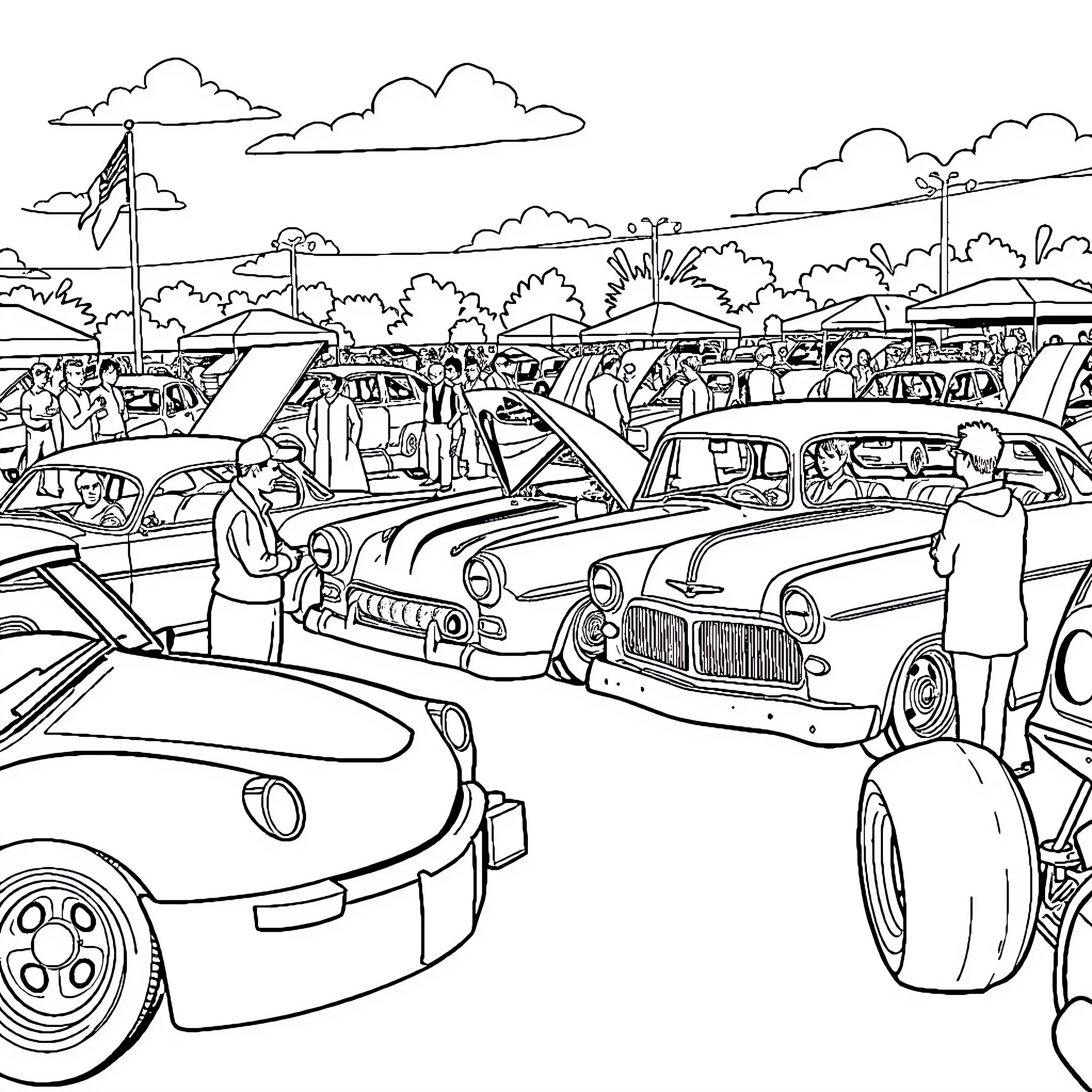 Car Enthusiasts Admiring Vintage Vehicles at the Auto Show Coloring Page (free black-and-white line drawing printable PDF for all, from beginners to advanced learners, including children, teens, adults, and seniors)
