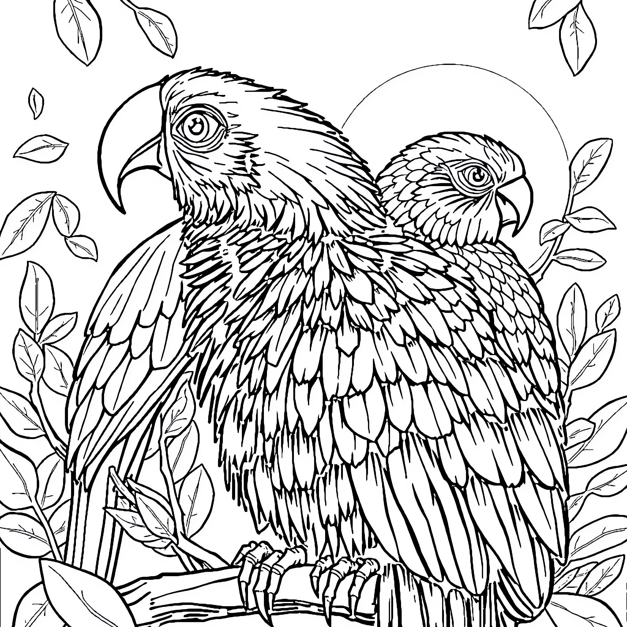 Animal parrots perching with leafy background Coloring Page (free black-and-white line drawing printable PDF for all, from beginners to advanced learners, including children, teens, adults, and seniors)