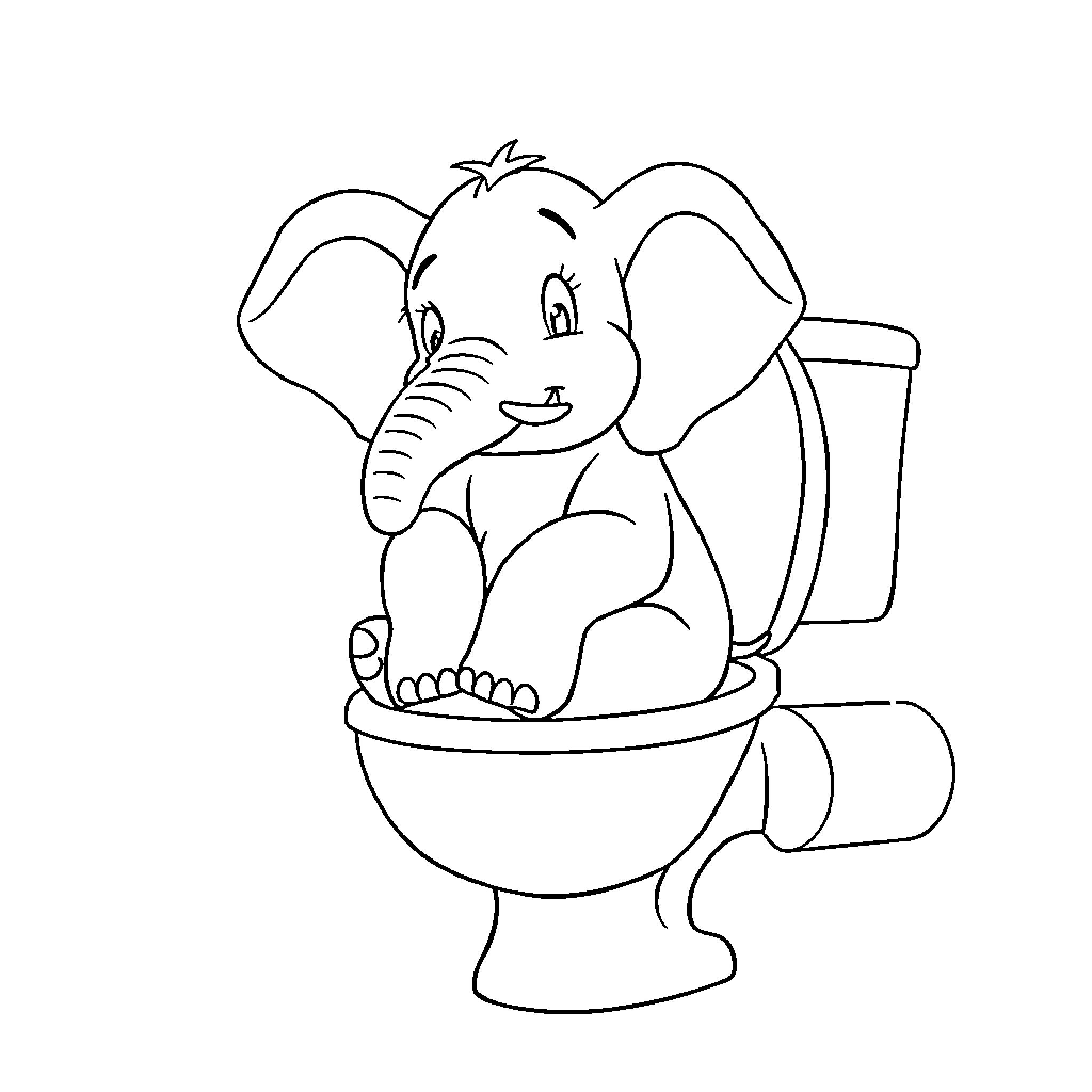Elephant sitting on toilet Coloring Page (free black-and-white line drawing printable PDF for all, from beginners to advanced learners, including children, teens, adults, and seniors)