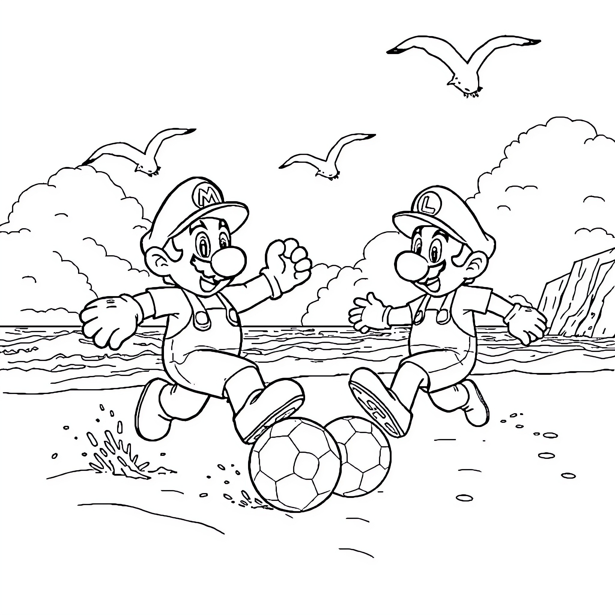 Mario and Luigi playing soccer on the beach Coloring Page (free black-and-white line drawing printable PDF for all, from beginners to advanced learners, including children, teens, adults, and seniors)