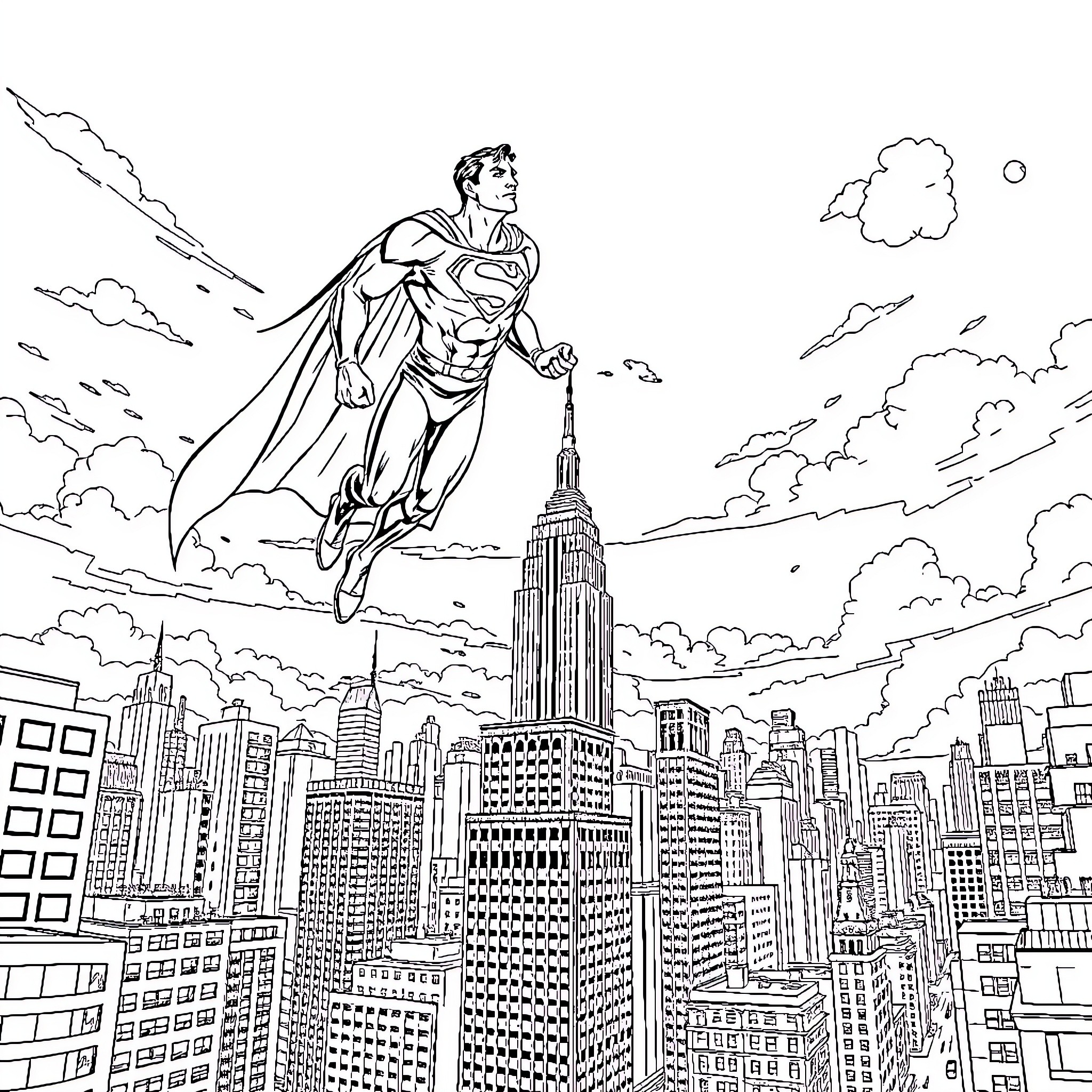 Superman soaring over the cityscape Coloring Page (free black-and-white line drawing printable PDF for all, from beginners to advanced learners, including children, teens, adults, and seniors)
