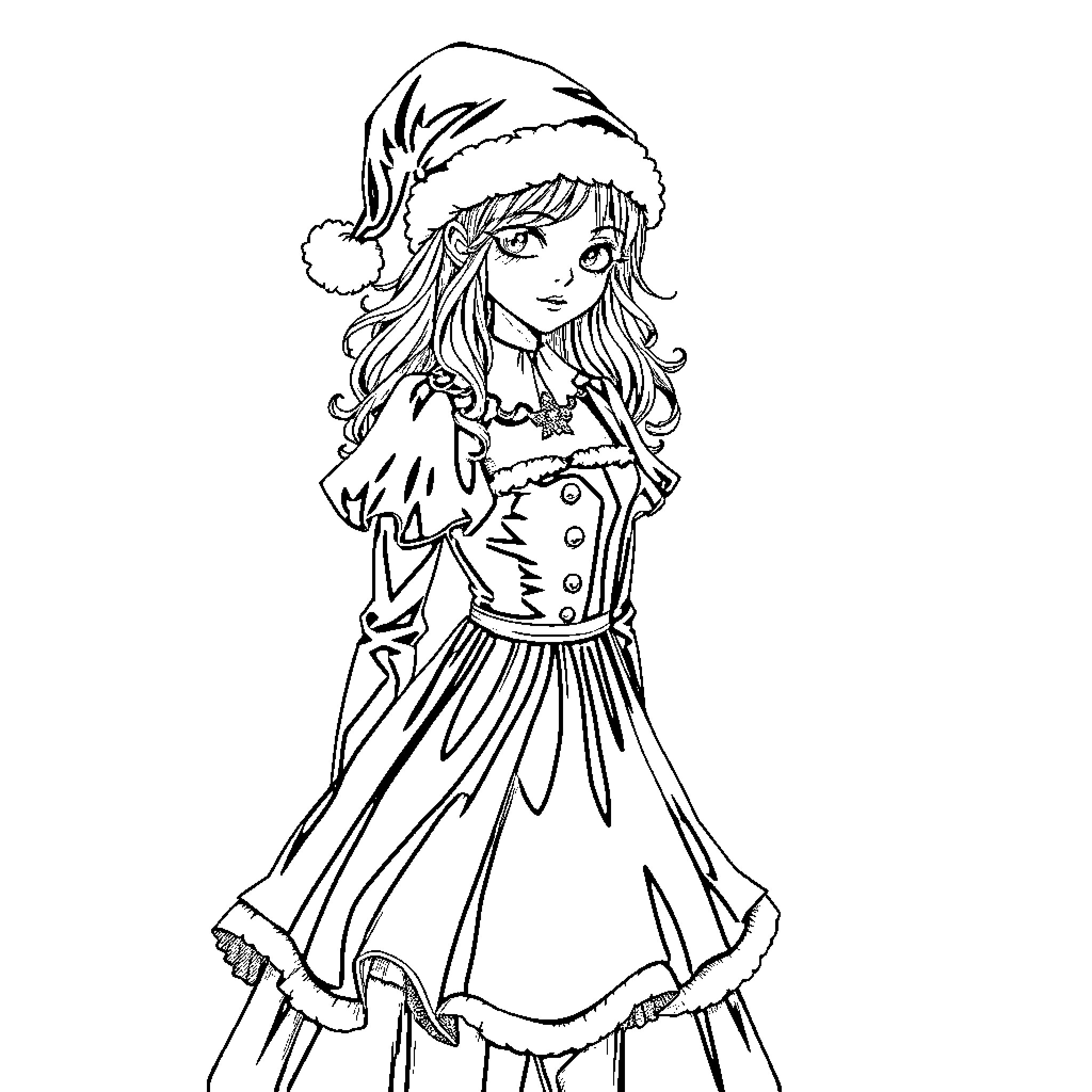 Christmas Girl in Festive Attire Coloring Page (free black-and-white line drawing printable PDF for all, from beginners to advanced learners, including children, teens, adults, and seniors)