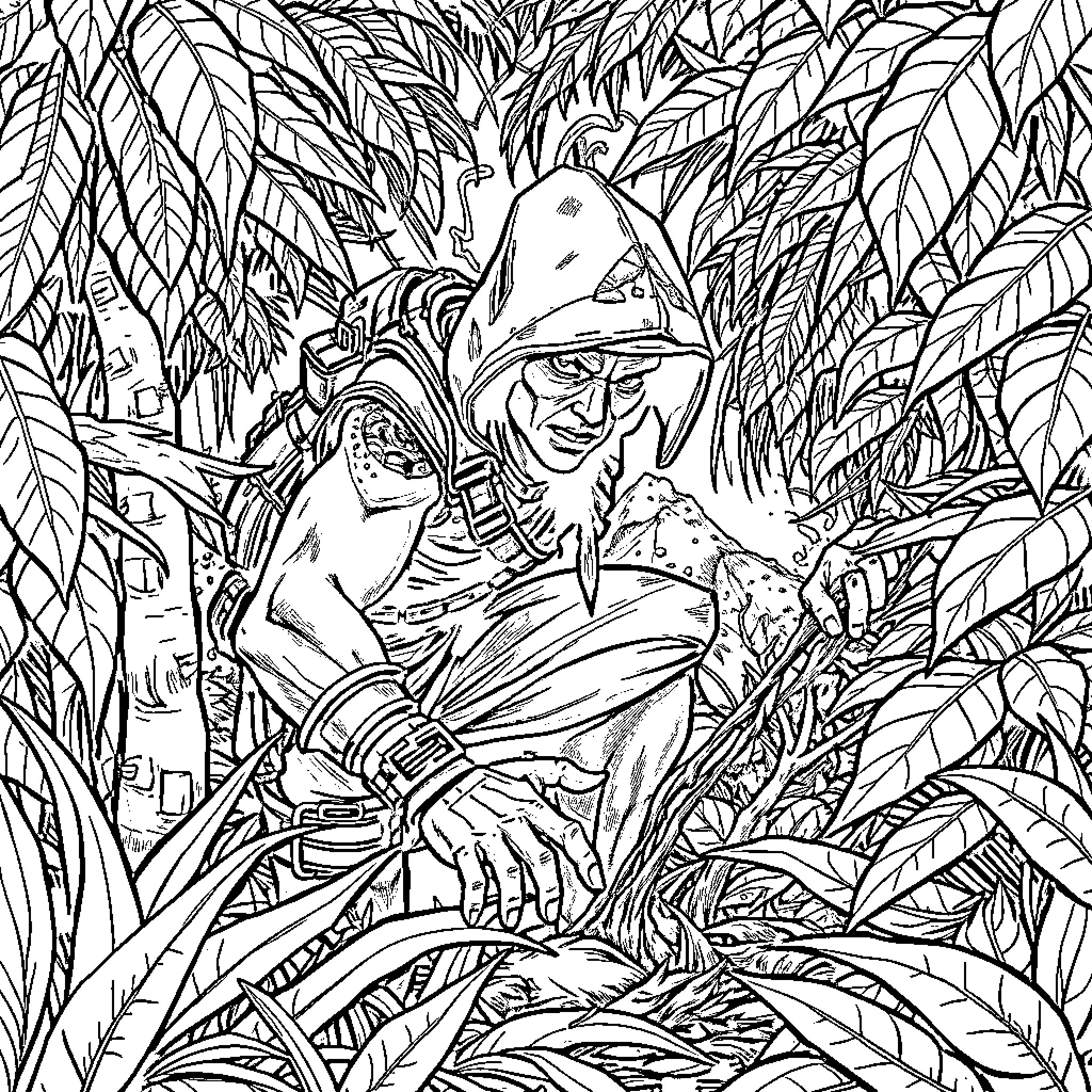 Ark Raider explores the dense jungle wilderness Coloring Page (free black-and-white line drawing printable PDF for all, from beginners to advanced learners, including children, teens, adults, and seniors)