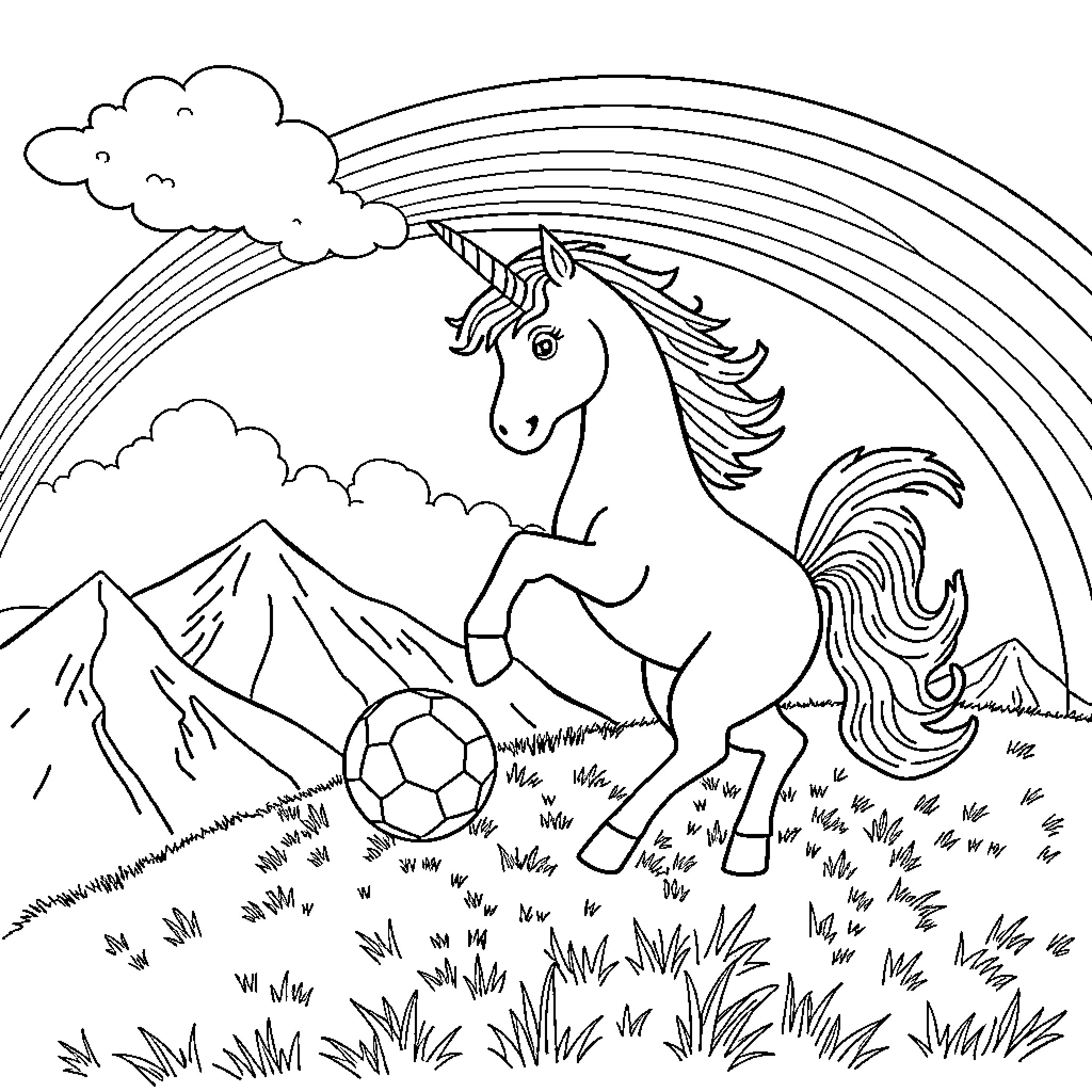 Unicorn frolicking in the meadow under rainbow Coloring Page (free black-and-white line drawing printable PDF for all, from beginners to advanced learners, including children, teens, adults, and seniors)