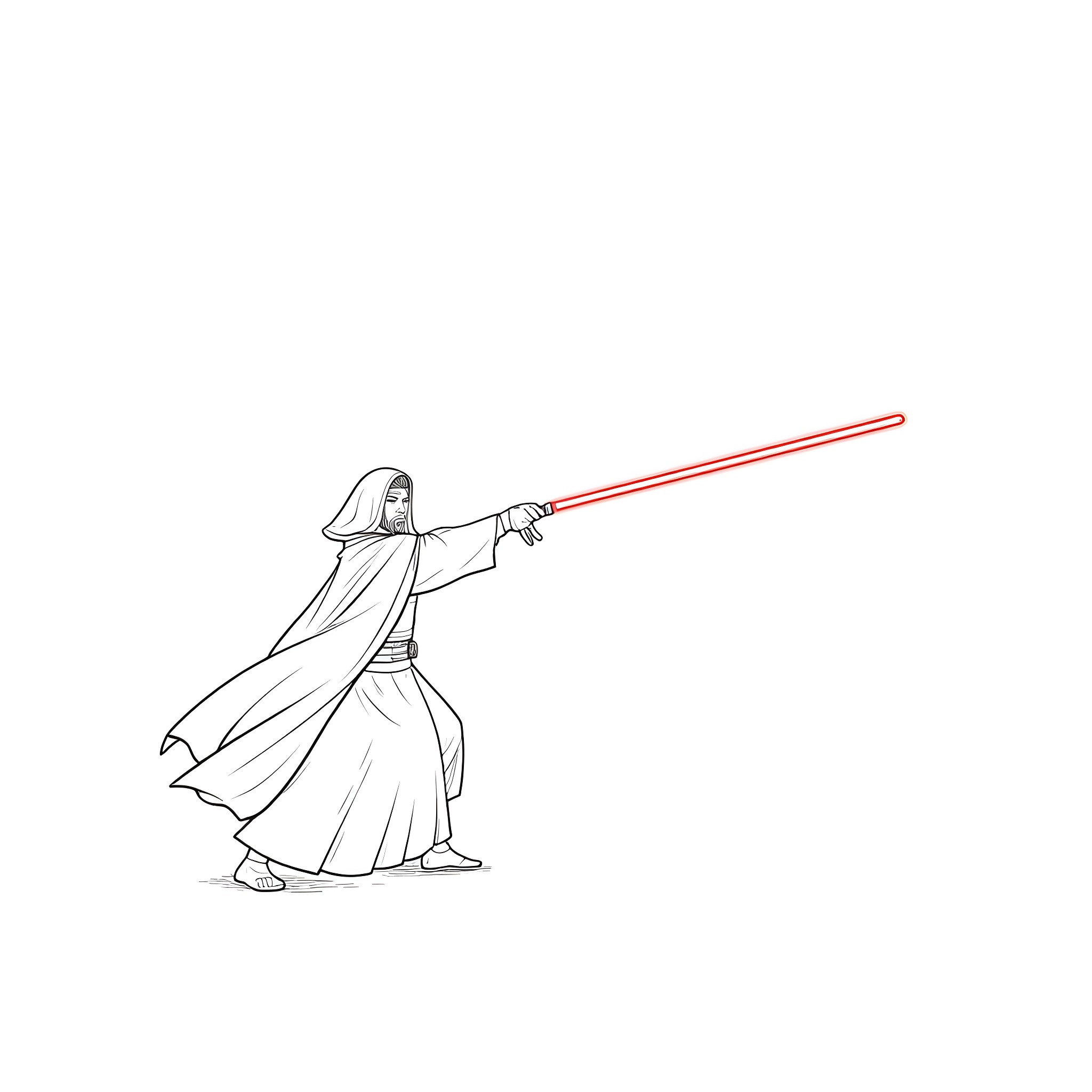 Jedi Warrior Wielding Lightsaber in Battle Coloring Page (free black-and-white line drawing printable PDF for all, from beginners to advanced learners, including children, teens, adults, and seniors)