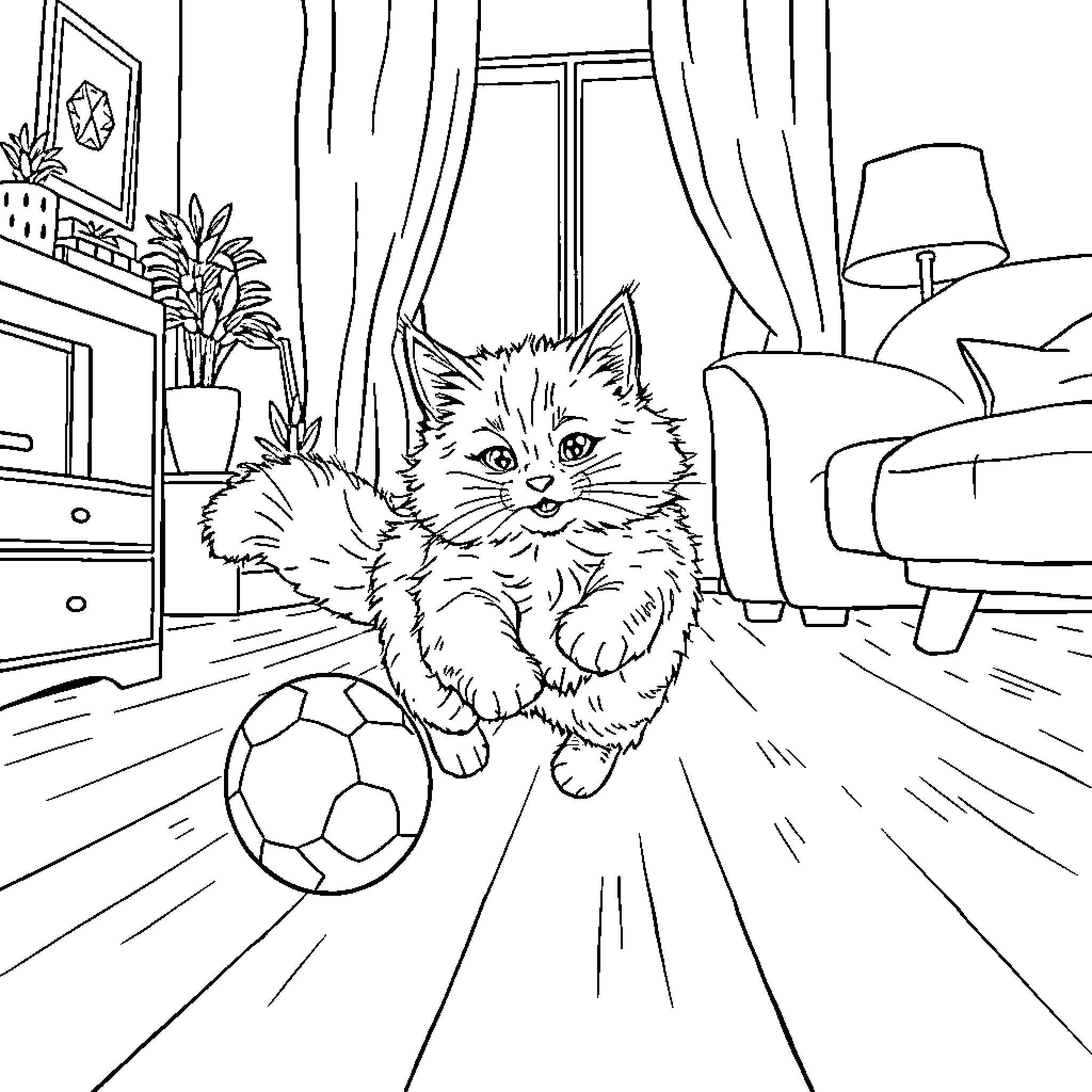 Cat playing with soccer ball in living room Coloring Page (free black-and-white line drawing printable PDF for all, from beginners to advanced learners, including children, teens, adults, and seniors)