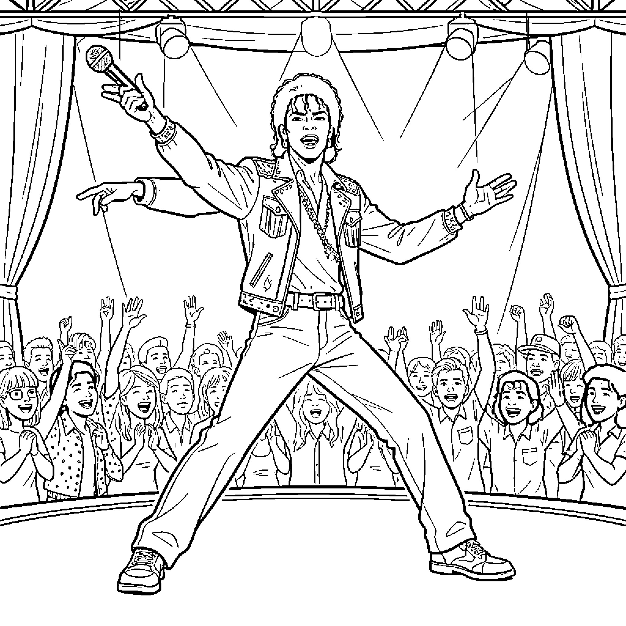 Michael Jackson performing energetically on stage for a crowd Coloring Page (free black-and-white line drawing printable PDF for all, from beginners to advanced learners, including children, teens, adults, and seniors)