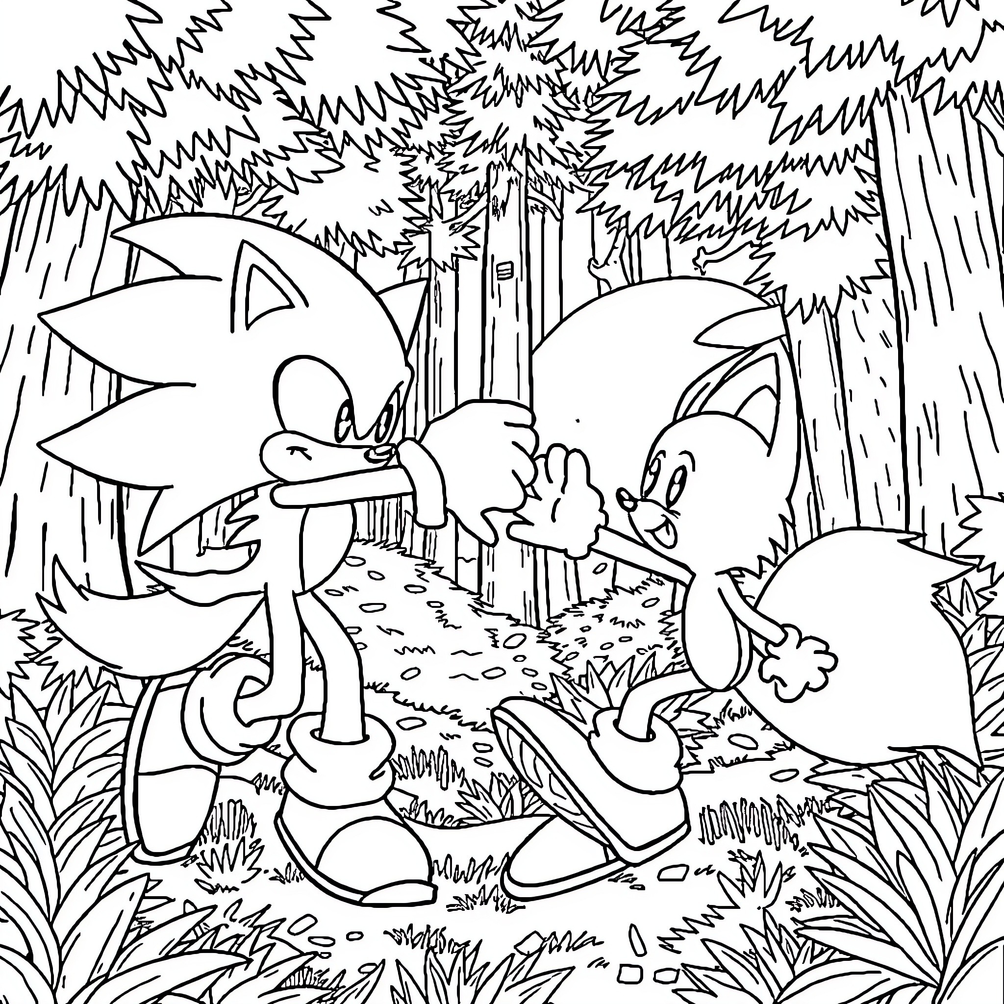 Sonic characters running through a forest Coloring Page (free black-and-white line drawing printable PDF for all, from beginners to advanced learners, including children, teens, adults, and seniors)