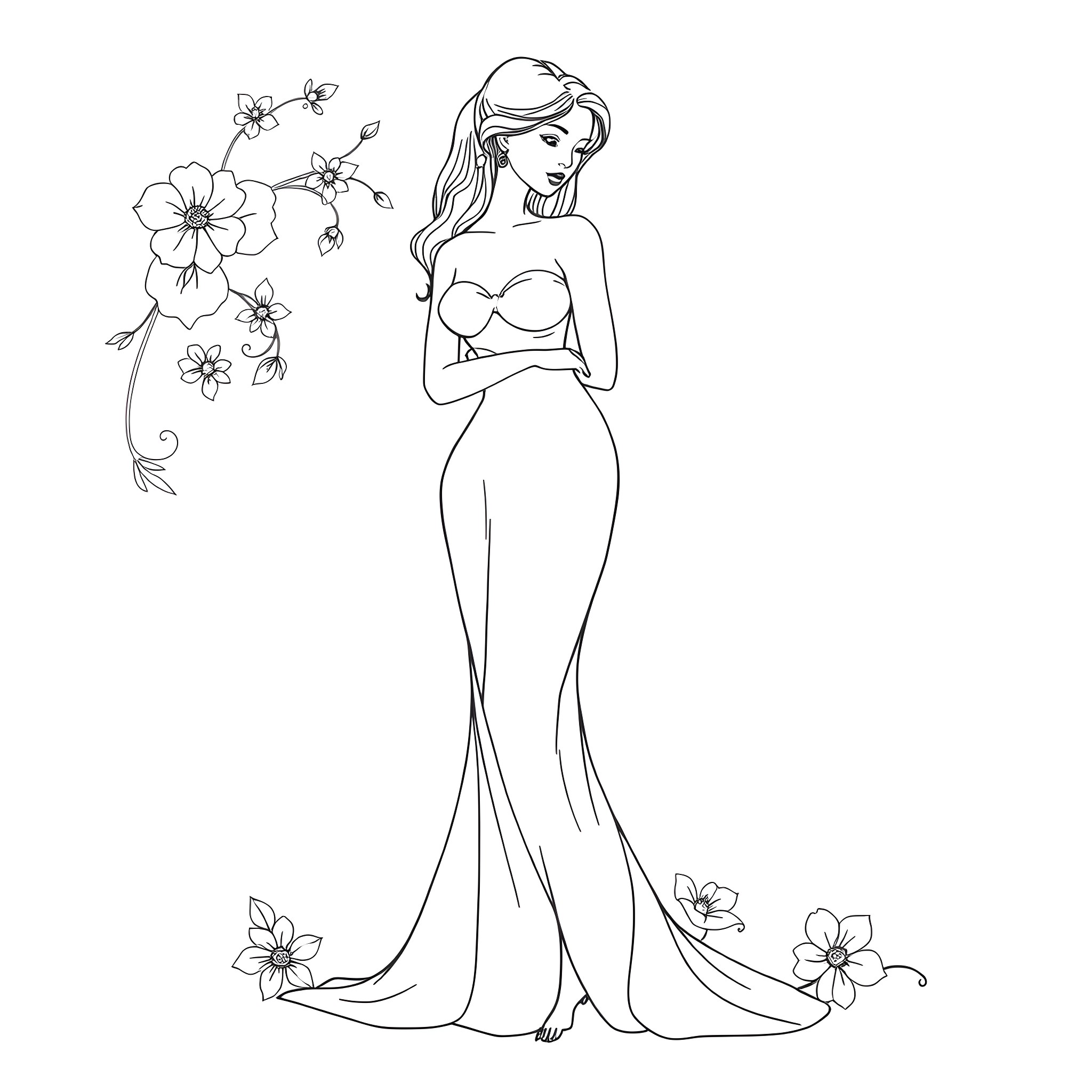 Woman in elegant dress with floral accents Coloring Page (free black-and-white line drawing printable PDF for all, from beginners to advanced learners, including children, teens, adults, and seniors)