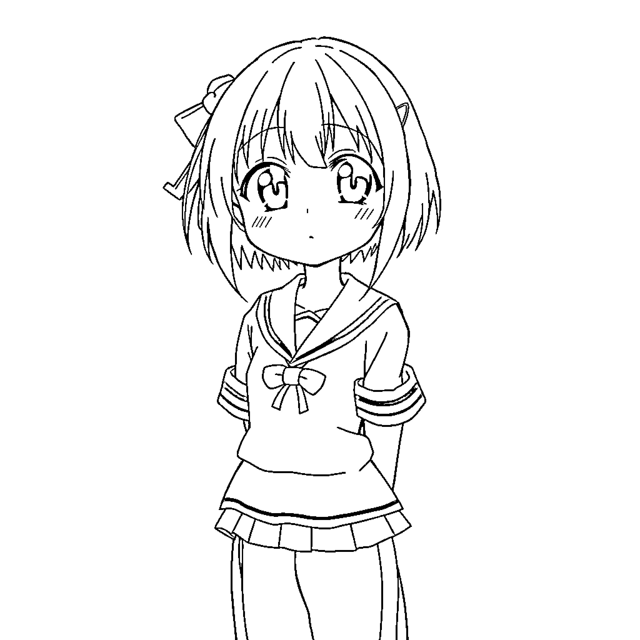 Anime Girl in School Uniform with Shy Expression Coloring Page (free black-and-white line drawing printable PDF for all, from beginners to advanced learners, including children, teens, adults, and seniors)