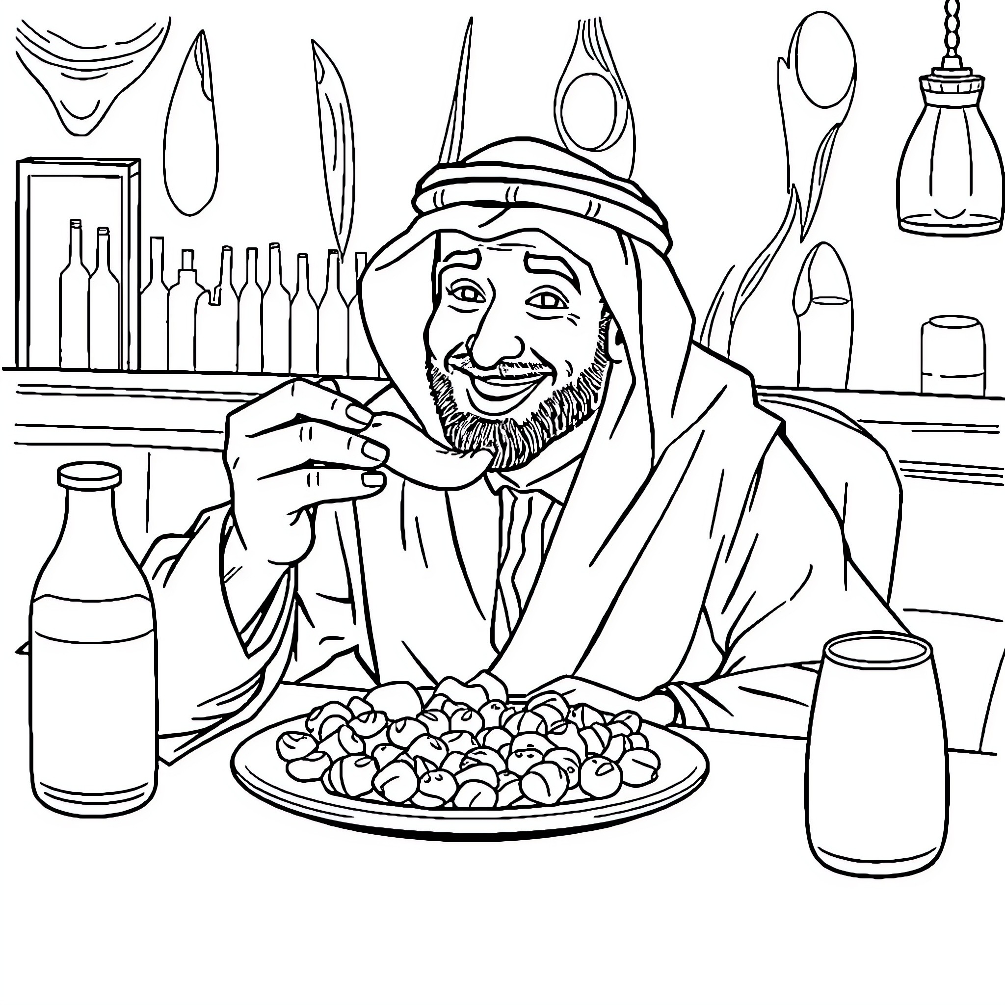 Kadhafi enjoying traditional Middle Eastern feast Coloring Page (free black-and-white line drawing printable PDF for all, from beginners to advanced learners, including children, teens, adults, and seniors)