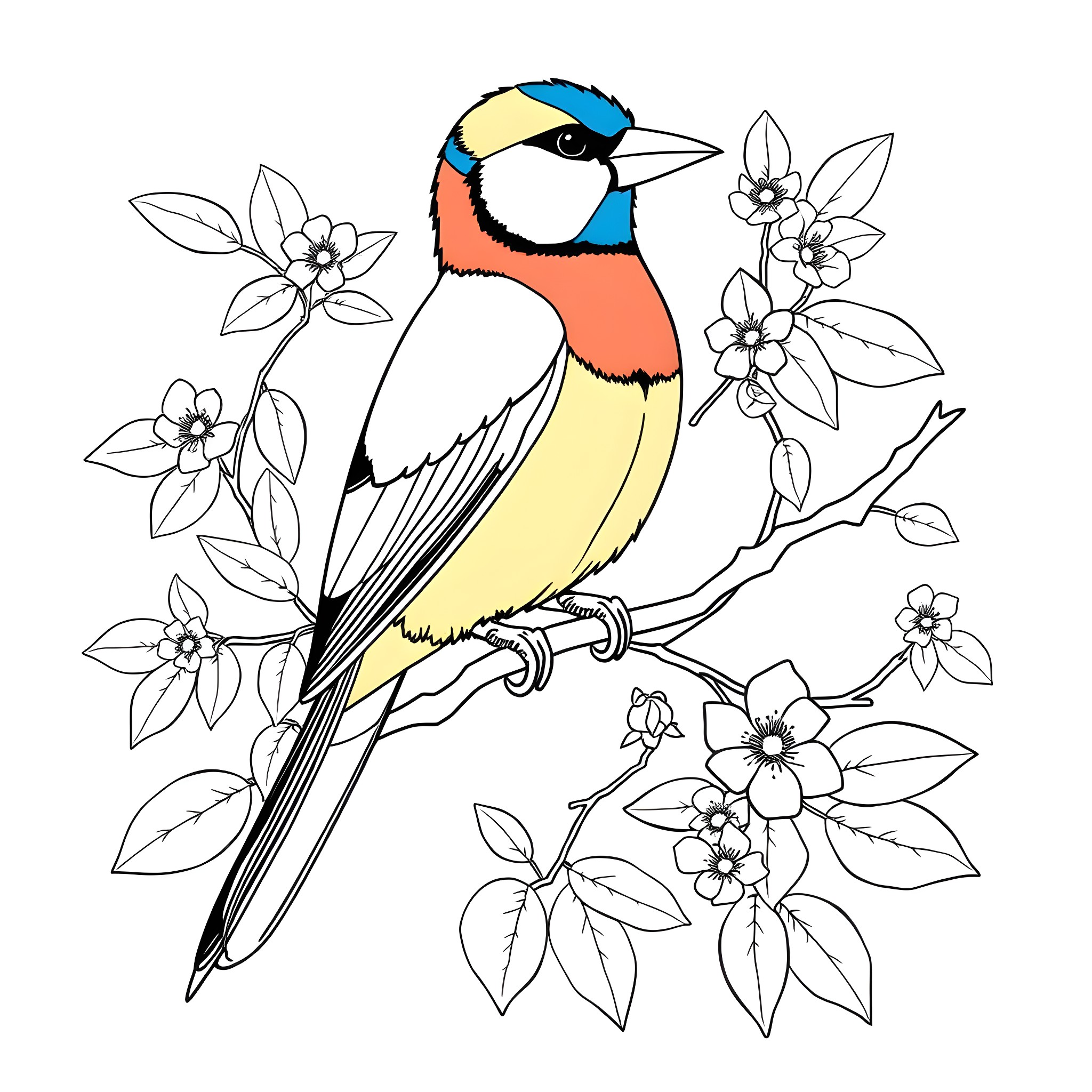 Gouldian Finch perched among blooming flowers Coloring Page (free black-and-white line drawing printable PDF for all, from beginners to advanced learners, including children, teens, adults, and seniors)