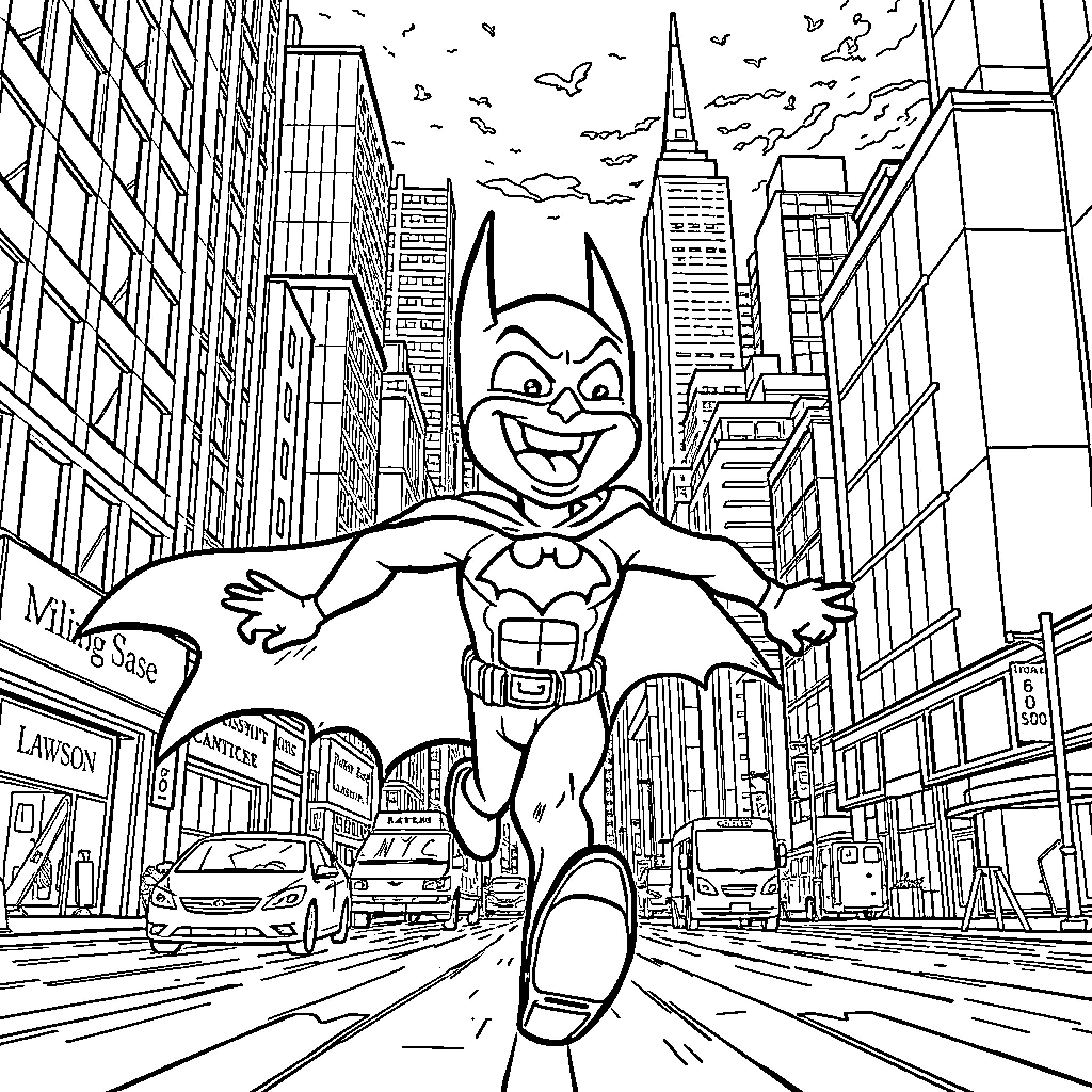 Bateman battles through the city streets Coloring Page (free black-and-white line drawing printable PDF for all, from beginners to advanced learners, including children, teens, adults, and seniors)