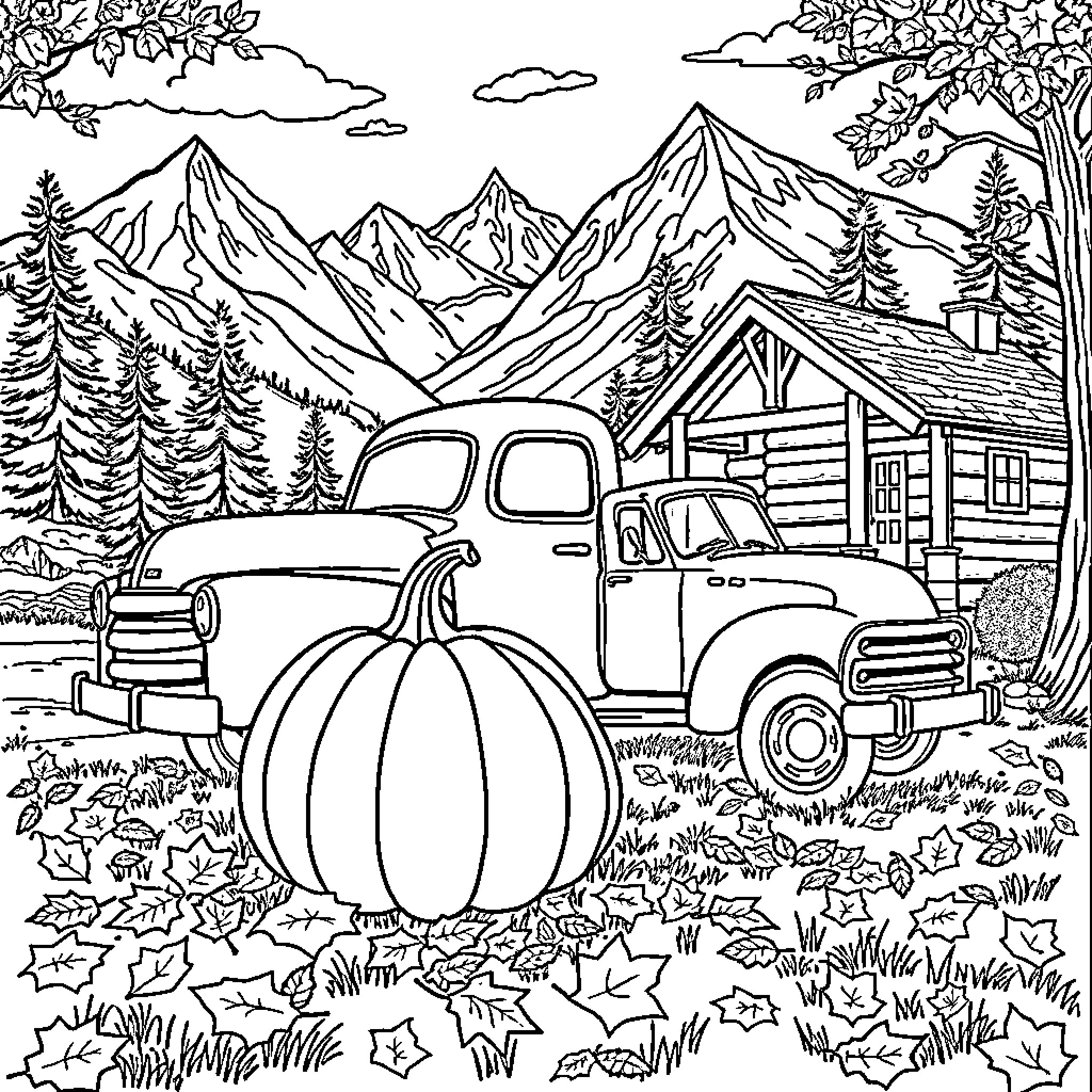Pumpkin Autumn Scene with Vintage Truck and Cabin Coloring Page (free black-and-white line drawing printable PDF for all, from beginners to advanced learners, including children, teens, adults, and seniors)