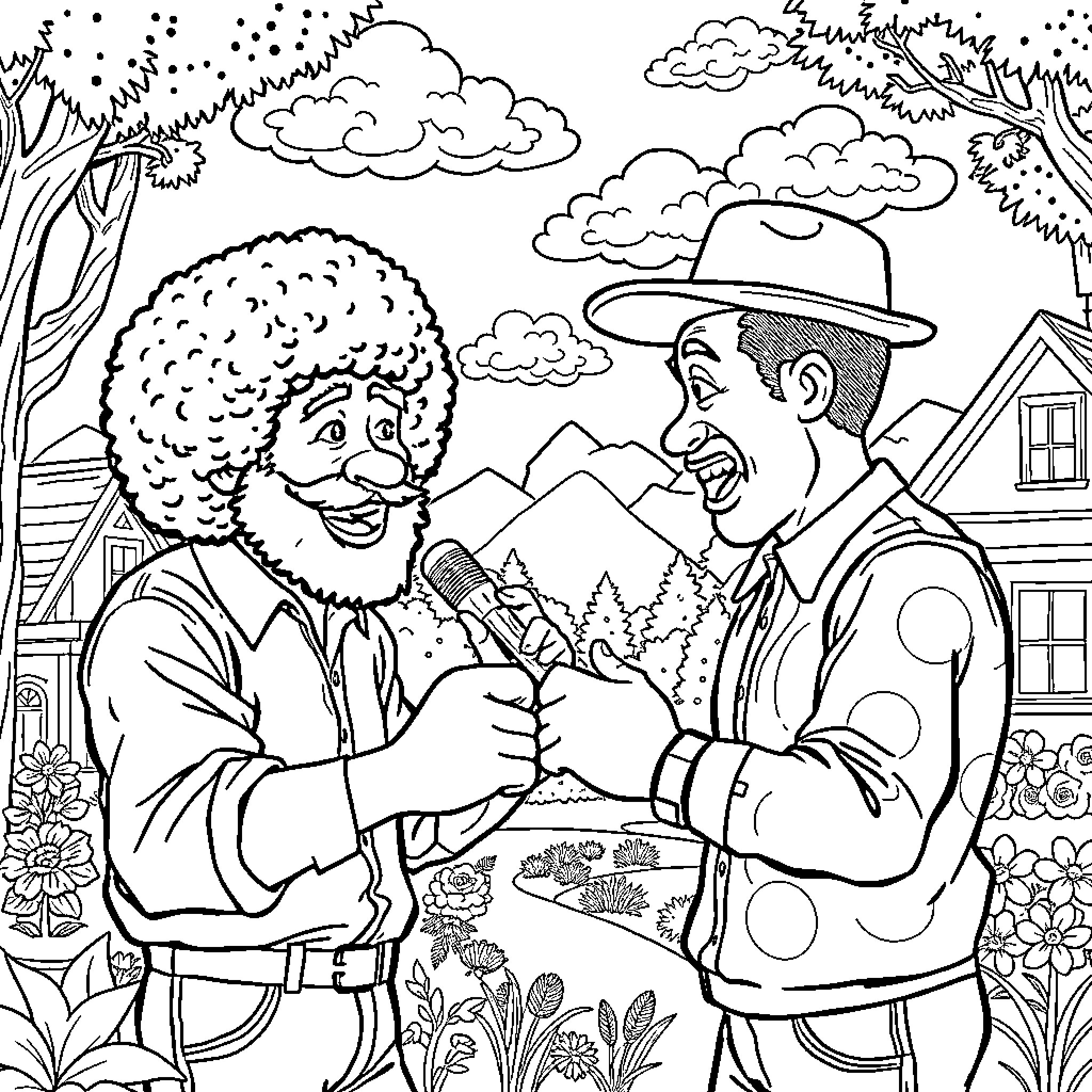 Bob Ross Painting with Another Artist in the Outdoors Coloring Page (free black-and-white line drawing printable PDF for all, from beginners to advanced learners, including children, teens, adults, and seniors)